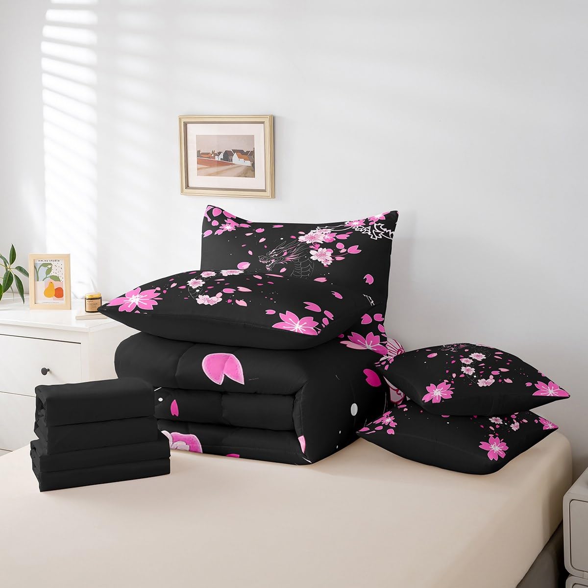 Erosebridal Pink Cherry Blossom Twin Comforter Set 7 Piece Magical Dragon Bedding Set Fantasy Animal Bed in A Bag Black Simple Sheet Set with Comforter for Kids Boys Girls