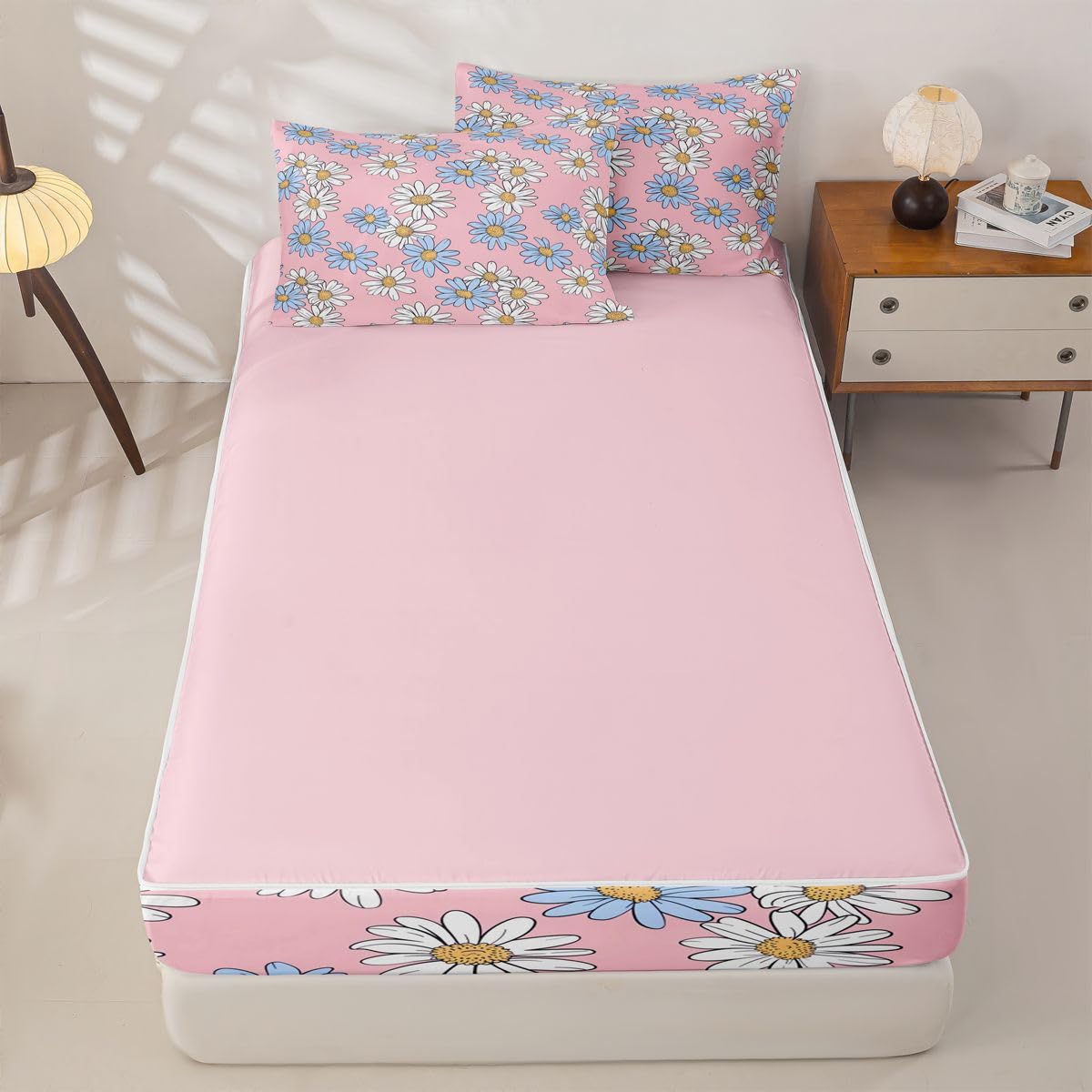 Feelyou Pink Floral Zipper Bedding Sets for Kids Boys Girls Cartoon Cute Daisy Flower Queen Comforter Set with Fitted Sheet Botanical Aesthetic Bedroom Decor Microfiber with 2 Pillow Cases