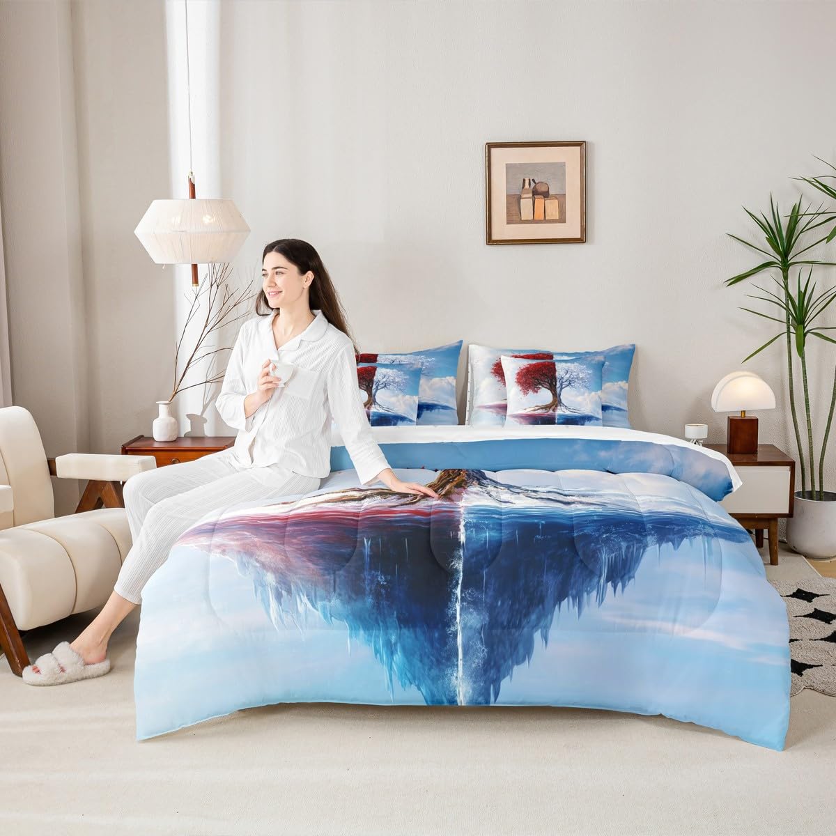 Red and White Tree Branches Pattern 7 Pieces Bedding Set Twin Size Kids Leaf Branches Bed in a Bag with Comforter, Pillowcases Ice Mountain Bed Set Breathable Botanical Room Comforter Set with Sheets
