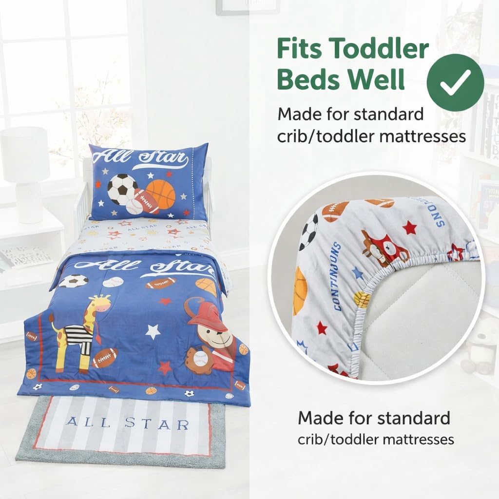 EVERYDAY KIDS 4 Piece Toddler Bedding Set - Jungle Sports - Soft 100% Cotton Percale - Includes Comforter, Flat Sheet, Fitted Sheet and Reversible Pillowcase