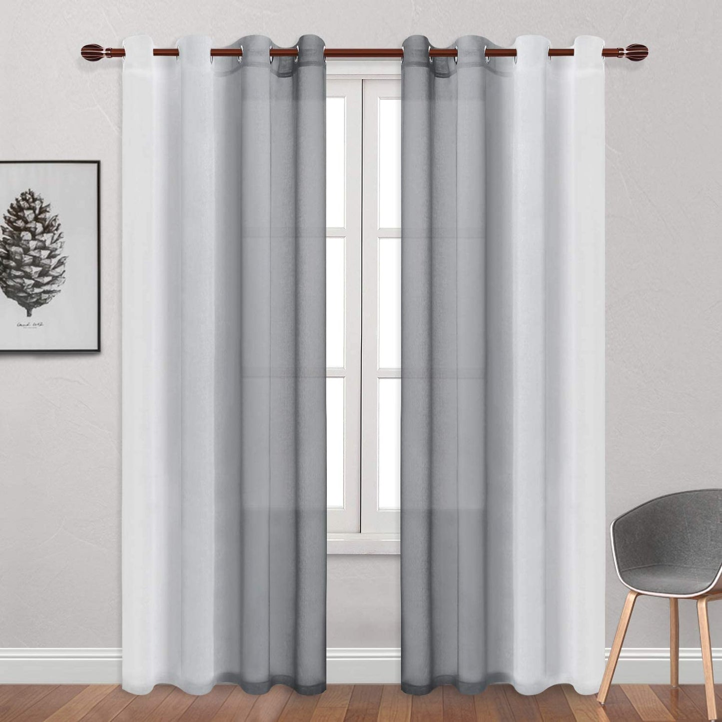 DWCN Grey Faux Linen Ombre Sheer Curtains - Semi Voile Gradient Grommet Top Curtains for Bedroom and Living Room, Set of 2 Window Curtain Panels, 52 x 84 Inches Long