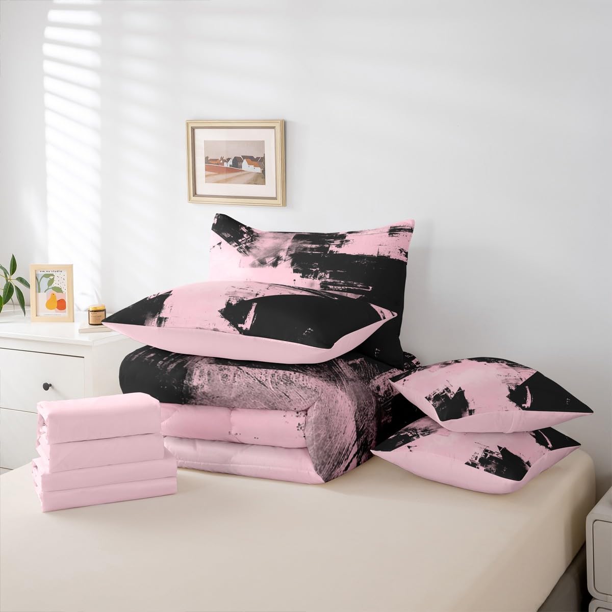 Feelyou Abstract Comforter Set King Size 7 Pieces Modern Abstract Art Bedding Set Luxury Bed in a Bag with Comforter, Sheets, Pillowcases, Cushion Covers Geometric Bedroom Decor Pink and Black