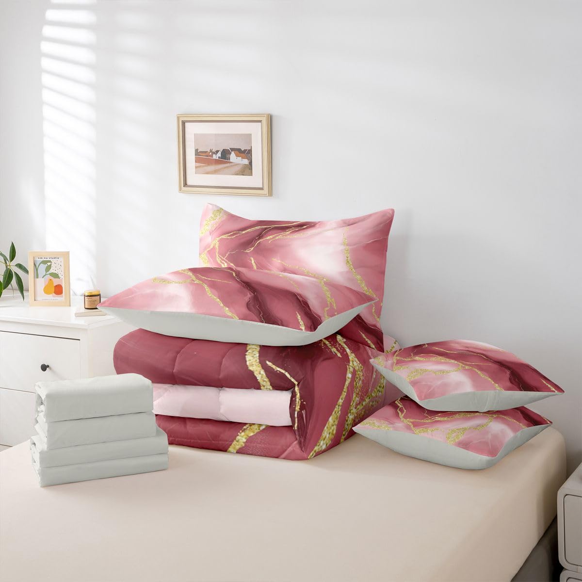 Erosebridal Burgundy Marble Bedding Set King Gradient Texture Marbling Comforter Set 7 Piece Modern Watercolor Aesthetics Bed in A Bag Gold Abstract Luxury Metallic Fluid Quilt with Flat Fitted Sheet