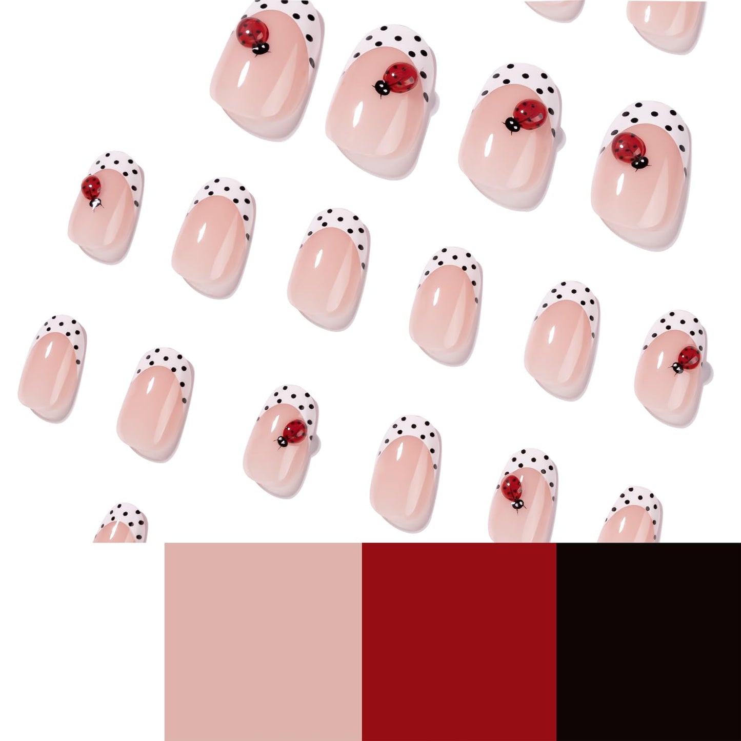 3D Short Oval French Tip Press‑On Nails — Nude Pink with White Polka Dots & Cute Ladybug, Glossy Acrylic Stick‑On Reusable Full‑Cover False Nails for Women & Girls — Easy‑Apply Tabs, Salon‑Quality