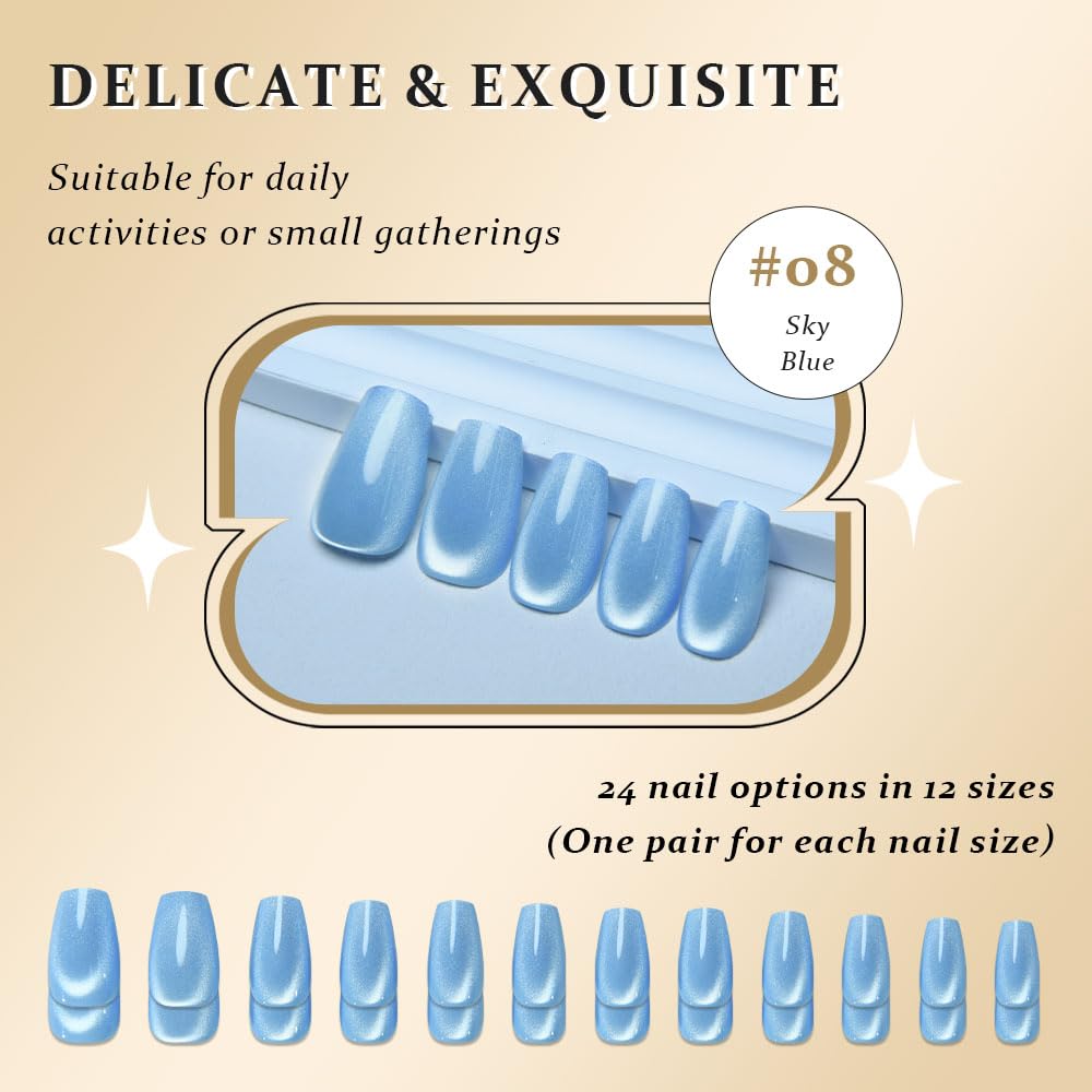 evpct Sky Blue Cat Eye Coffin Press on Nails Medium Square No Glue, Medium Square Stick on Nail for Women, Sky Blue Metallic Glitter Glossy Reusable Summer Soft Press on Acrylic Fake Nail with Design