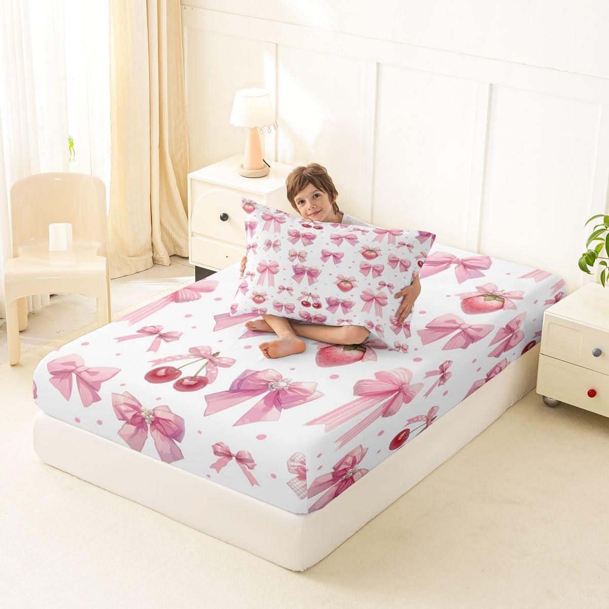 jejeloiu Pink Cute Strawberry Bow Fitted Sheet Twin Size for Kids Boys Girls Dreamy Princess Style Bed Sheets Set 16" Deep Pocket Kawaii Coquette Bow Bedding with 1 Pillowcase Room Decor