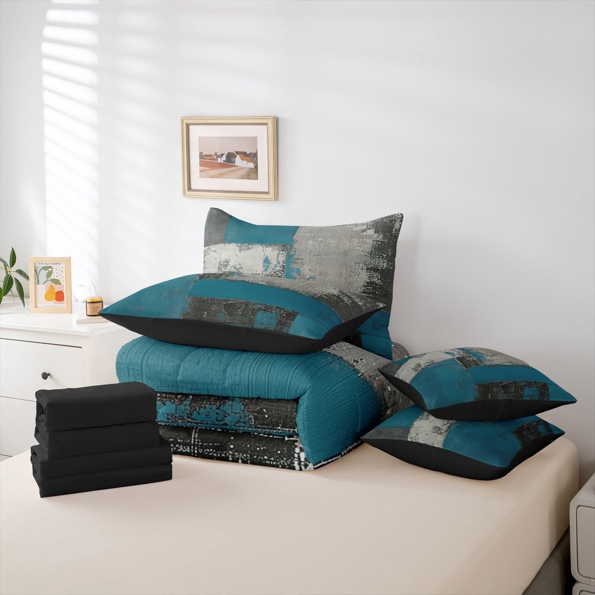 Feelyou Abstract Comforter Set with Sheets 7 Piece King Size Modern Abstract Art Bed in a Bag Kids Boys Girls Luxury Bedding Set Geometric Bedroom Decor Gray Blue Soft Lightweight Microfiber