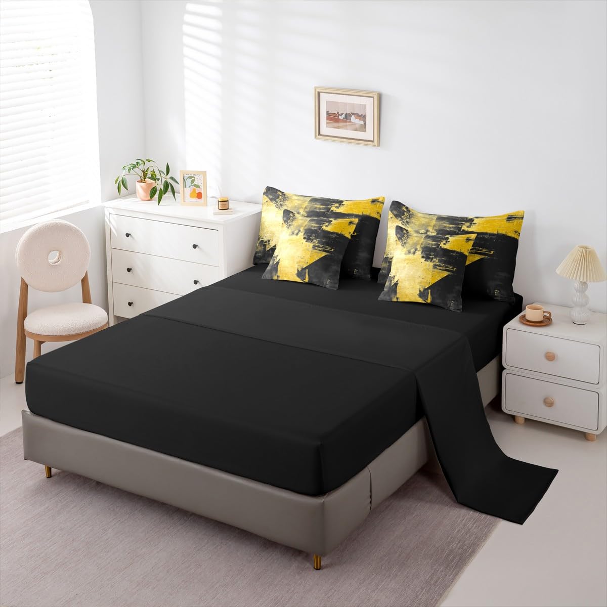 Feelyou Abstract King Comforter Set with Sheets for Kids Boys Girls Modern Abstract Art 7 Pieces Bedding Set Luxury Bed in a Bag Geometric Room Decor Yellow and Black Soft Lightweight Microfiber