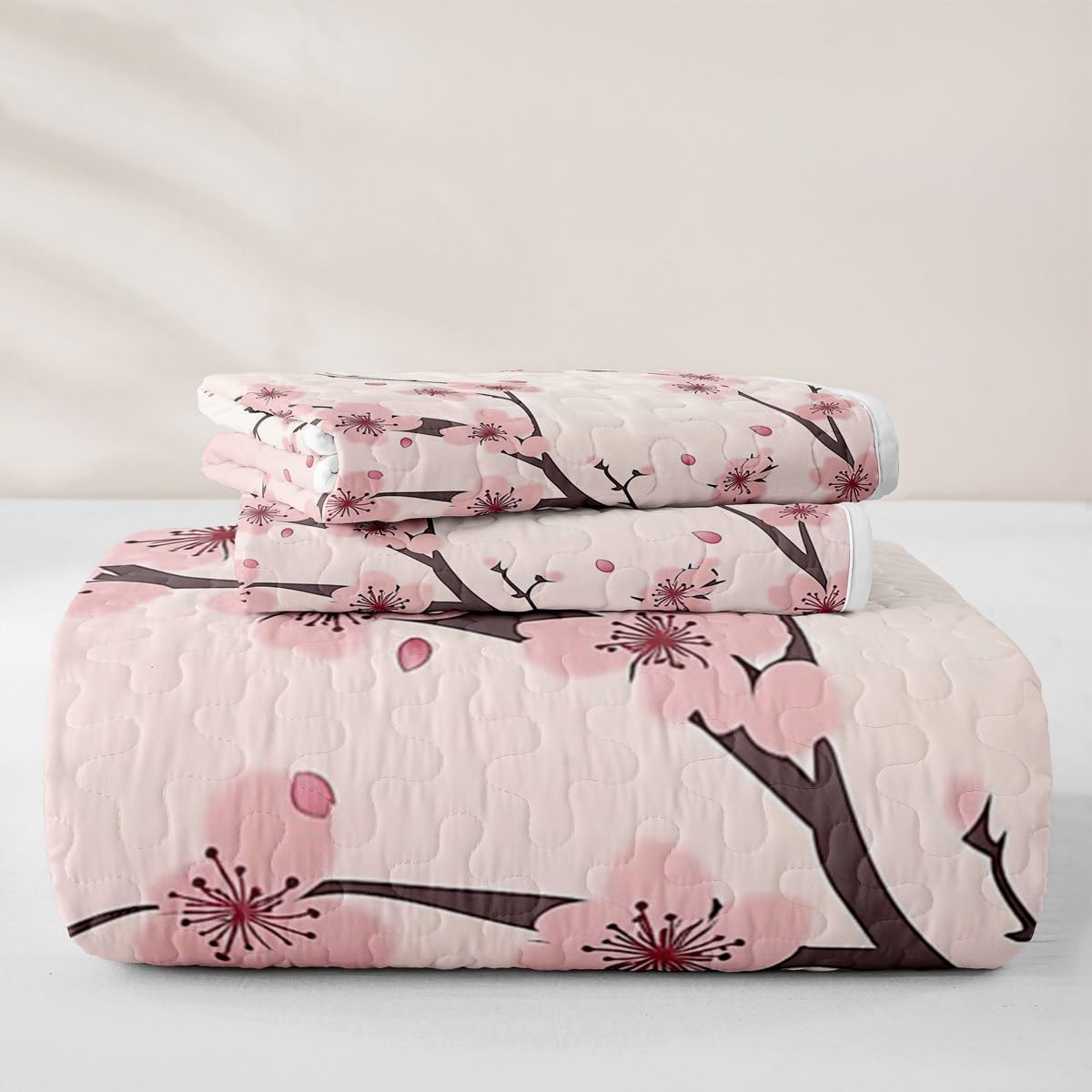 Erosebridal Girl Cherry Blossoms Quilt Full Japanese Style Quilt SetPink Flowers Quilted Bedspread Branches Plant Floral Bedding Coverlet with 2 Pillowcases