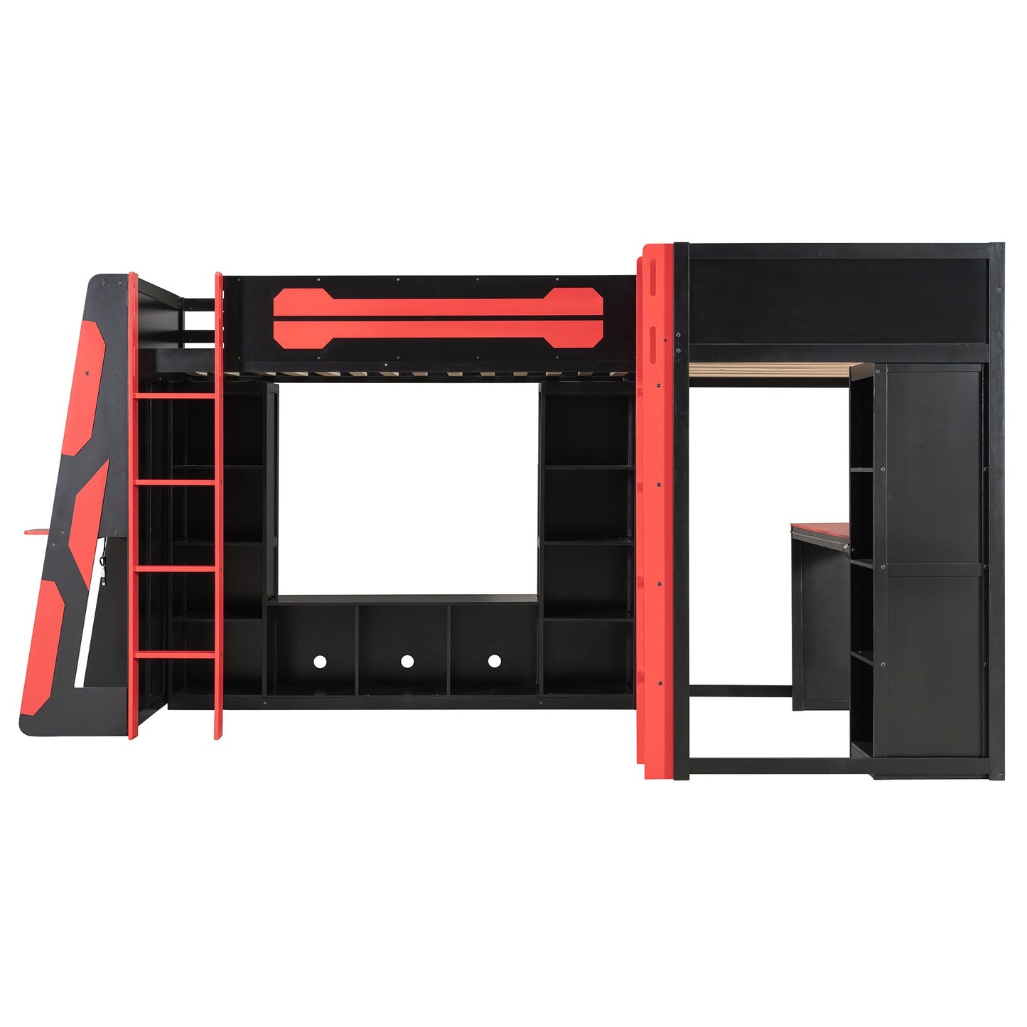 HRJHLucky Twin Size L-Shaped Gaming Loft Bed with RGB LED Lights, USB Ports, TV Stand and Dual Beds, Wood Loft Bed Frame with Desk and Storage Shelves (Red)