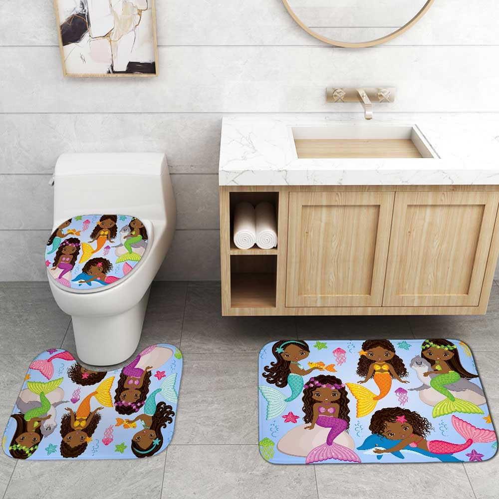 Jayden Madge 4PCS Black Mermaid Shower Curtain Set, African American Women Afro Girl Melanin Princess Underwater Jellyfish Starfish Dolphin Seal Girly Kids Bathroom Decor, Non-slip Bath Mat Toilet Rug