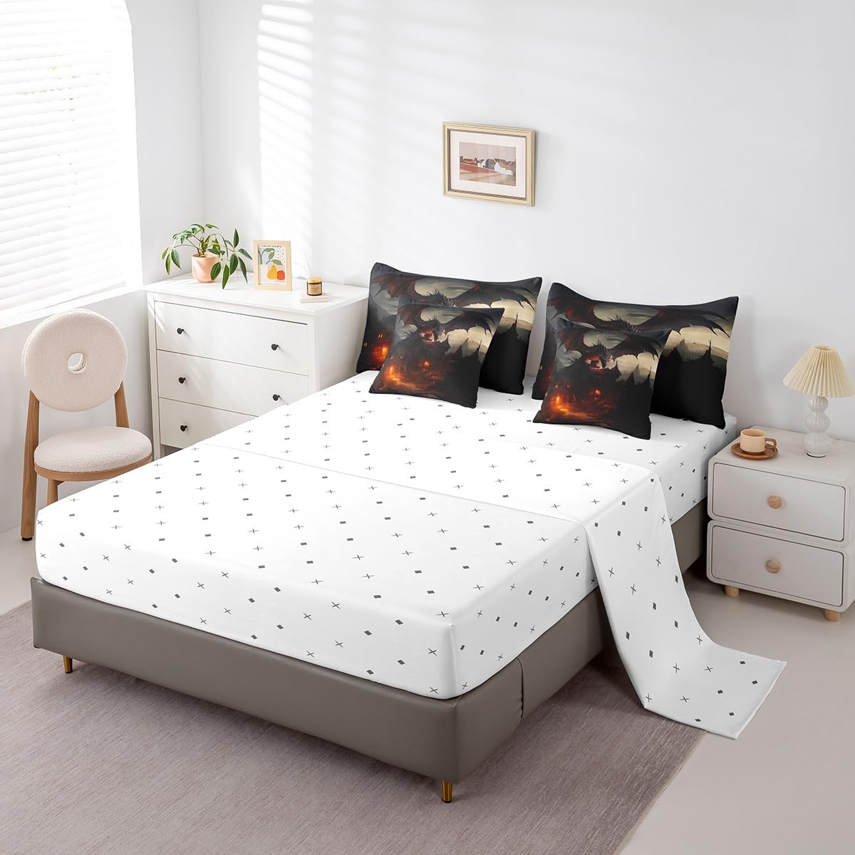 3D Dragon 7-Piece Bedding Set - Fierce Wildlife Queen Size - 1 Comforter, 1 Flat Sheet, 1 Fitted Sheet, 2 Pillowcases and 2 Pillow Shams