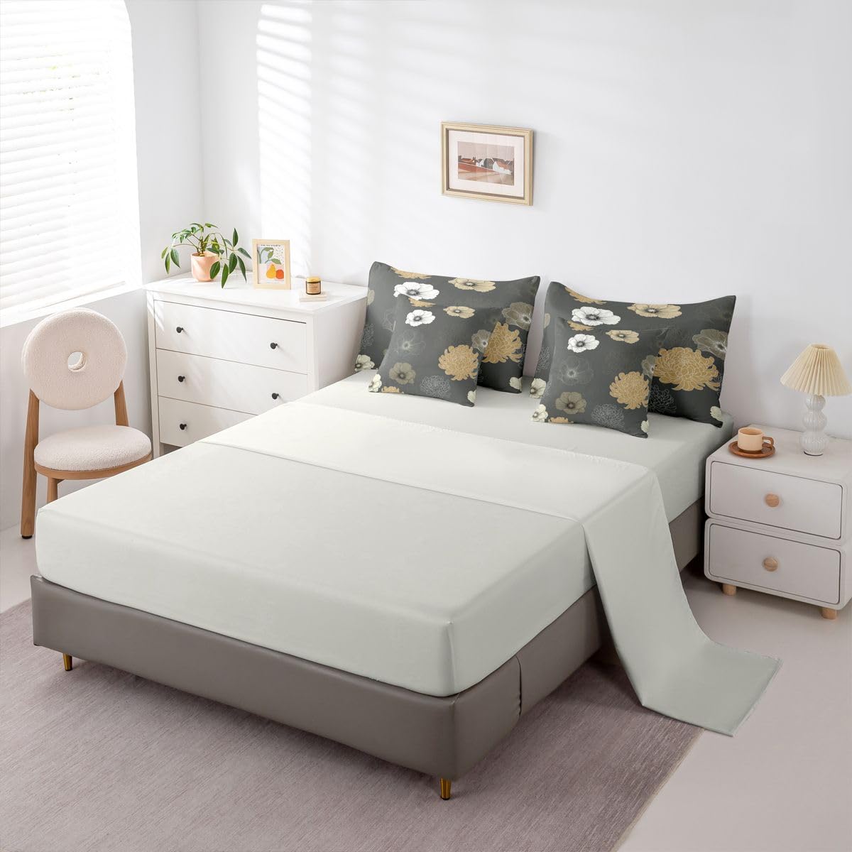 Feelyou Floral Flower 7 Piece Bedding Set Grey Brown Comforter Set with Sheets for Kids Boys Girls Poppy Flower Hydrangea Bed in a Bag Damask Print Bed Set Soft Lightweight