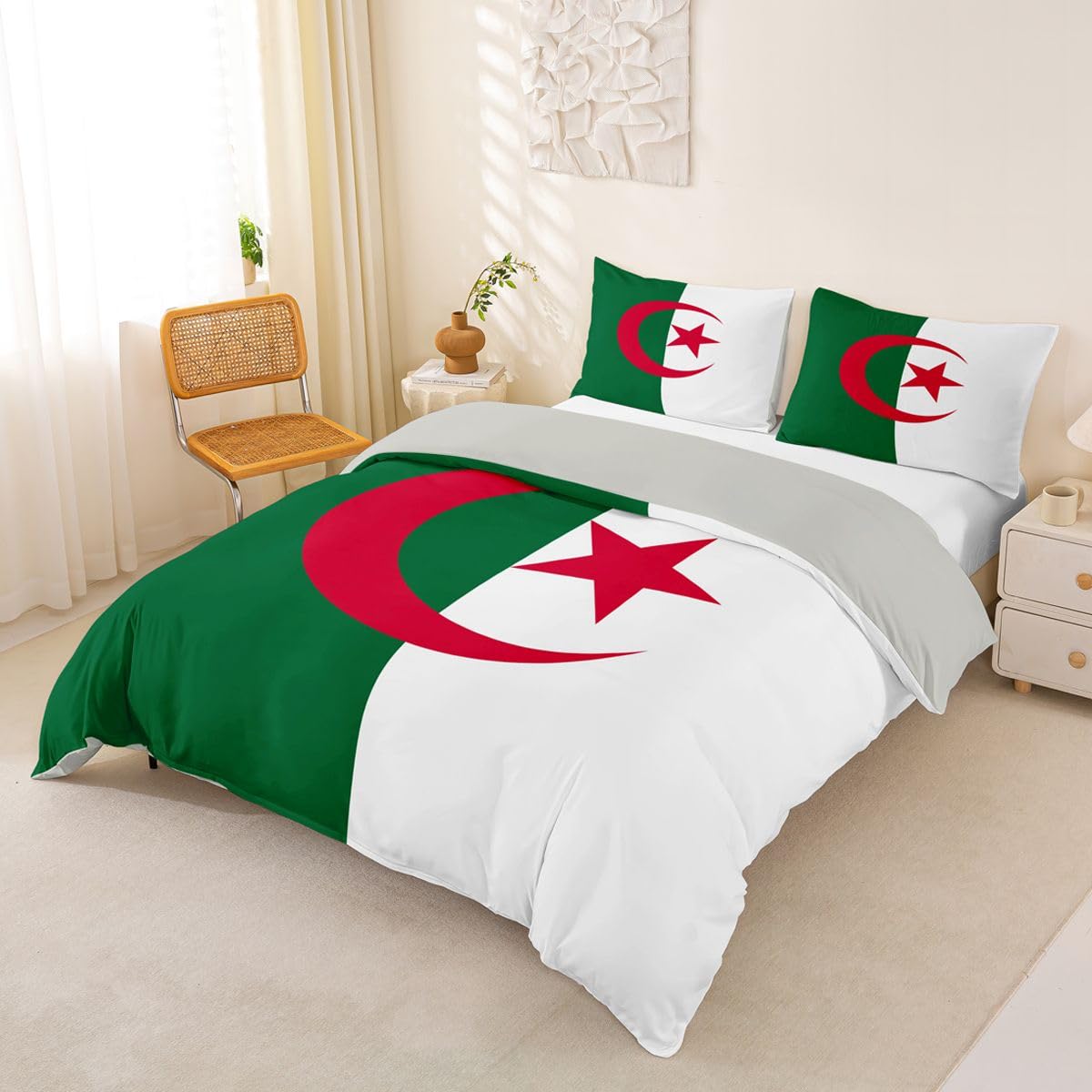 Feelyou Flag of Algeria Duvet Cover Full Size Boys Girls Algerian Bedding Set Breathable Soft International Flag Comforter Cover 3Pcs Soccer Sports Game Bedroom Decor