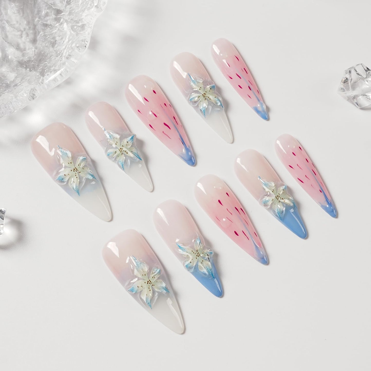 Tesytto 3D Floral Press On Nails Long Stiletto Fake Nails – Elegant Handmade Ombre Nail Art with Lilies Flowers Designs, Multi-Layer Gel Reusable Acrylic Nails for Women (3D Lily Ombre, M)