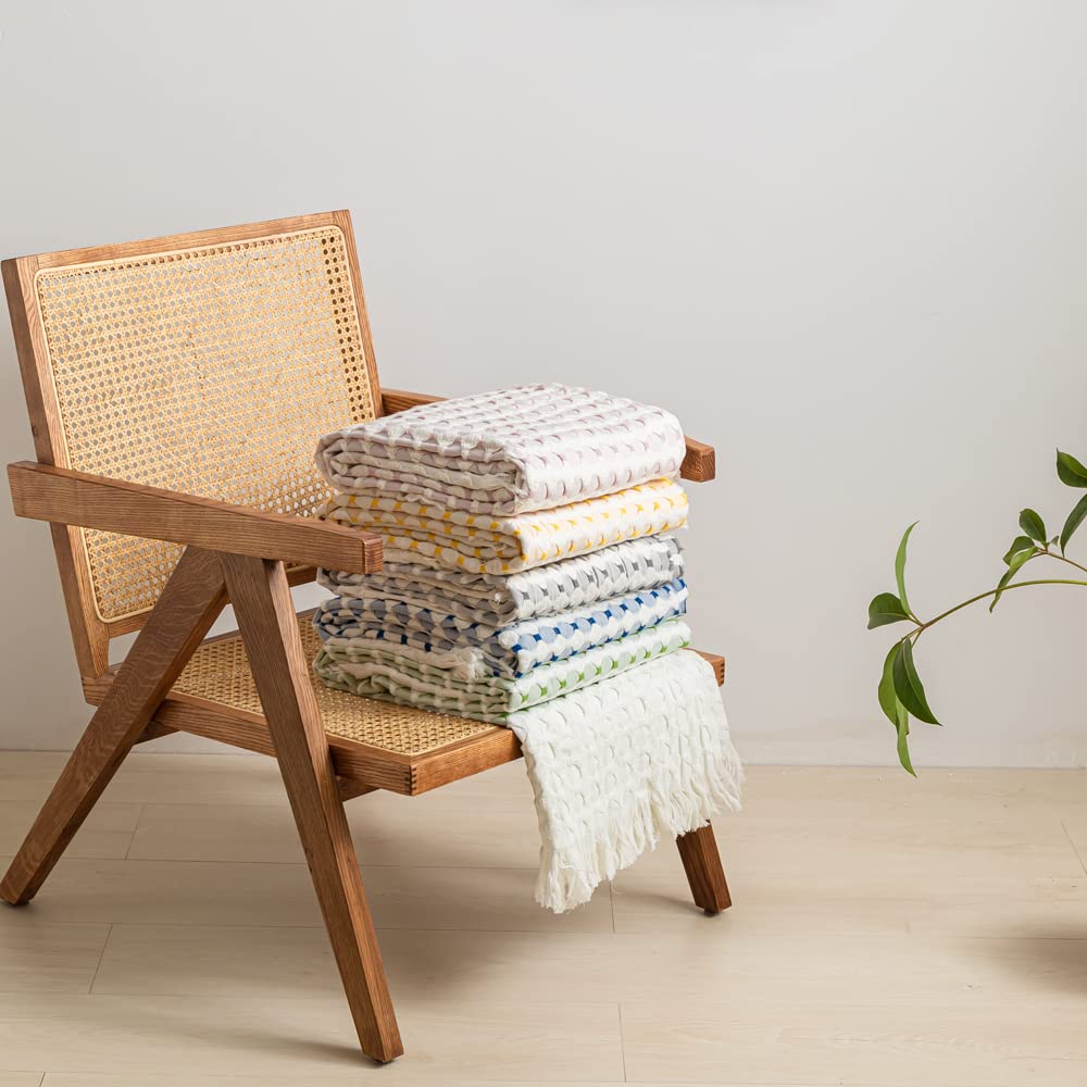 Simple&Opulence 100% Cotton Throw Blanket for Bed, Couch, Yarn Dyed Cable Knitted Jacquard Woven Blanket with Tassels, Soft Lightweight Cozy Breathable Farmhouse Decoration for All-Season(Green)