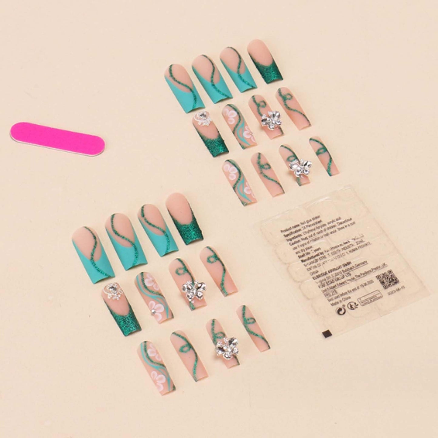 Gifiky Long French Press on Nails Square Fake Nails Swirl Nails Tips Full Cover Breen False Nails for Women and Girls 24Pcs