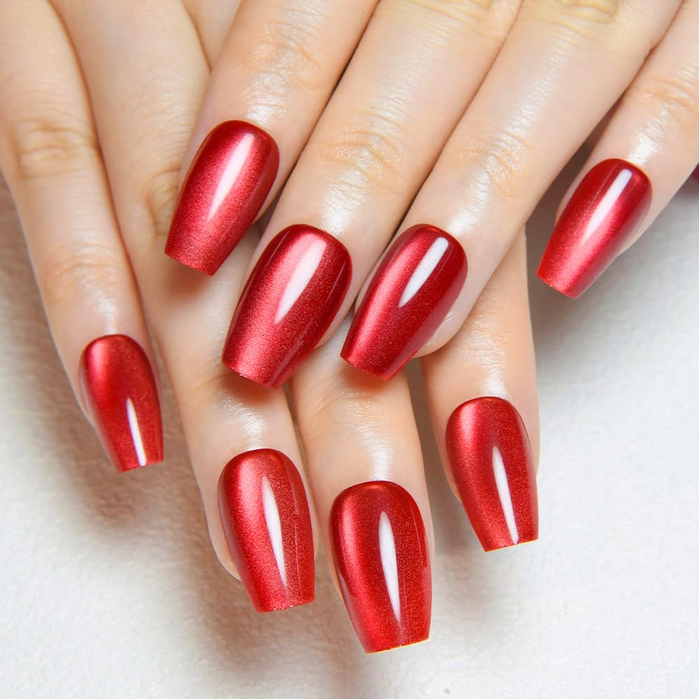 evpct Red Cat Eye Press on Nails Square Medium Coffin No Glue, Medium Square Stick on Nails for Women, Red Metallic Glitter Glossy Reusable Spring Summer Soft Press on Acrylic Fake Nail with Designs