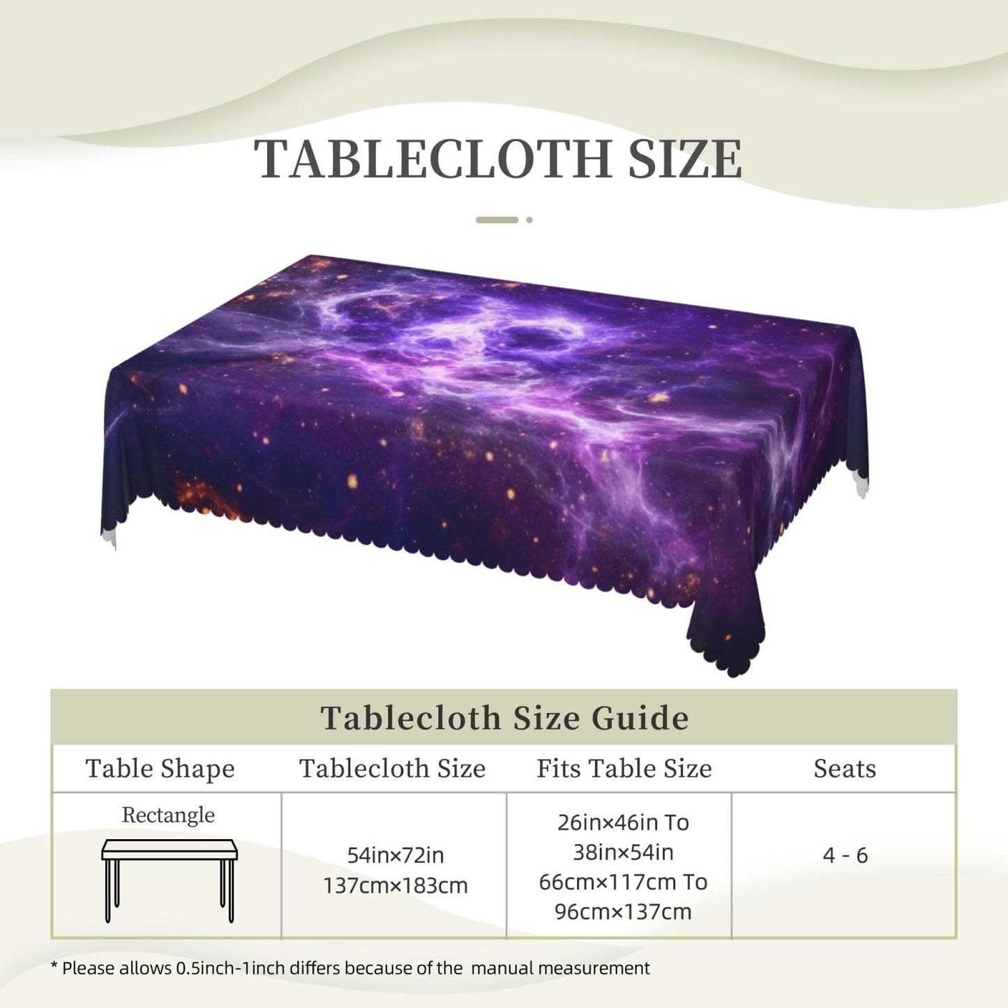 GOUROISE Galaxy Starry Night Sky Stars Rectangular Tablecloth, Galaxy Universe 54x72 Inch Wavy Lace Border Polyester Table Cloth for Dining, Kitchen, Parties