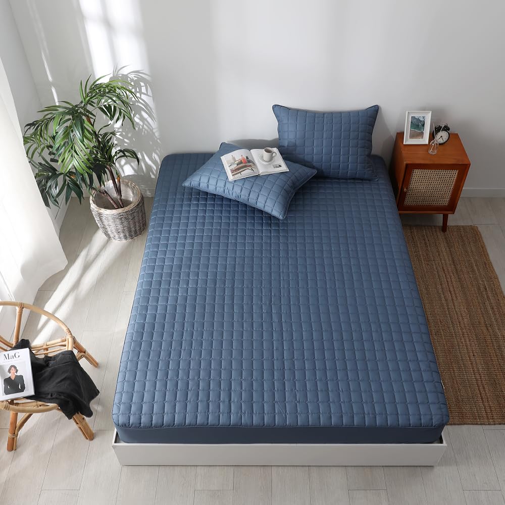 Seragio Quilted 100% Cotton Mattress Cover – 6 Colors, Machine Washable, Breathable & Stretchy, Fits up to 16-Inch Deep, Twin/Full/Queen/King (Navy, Twin)