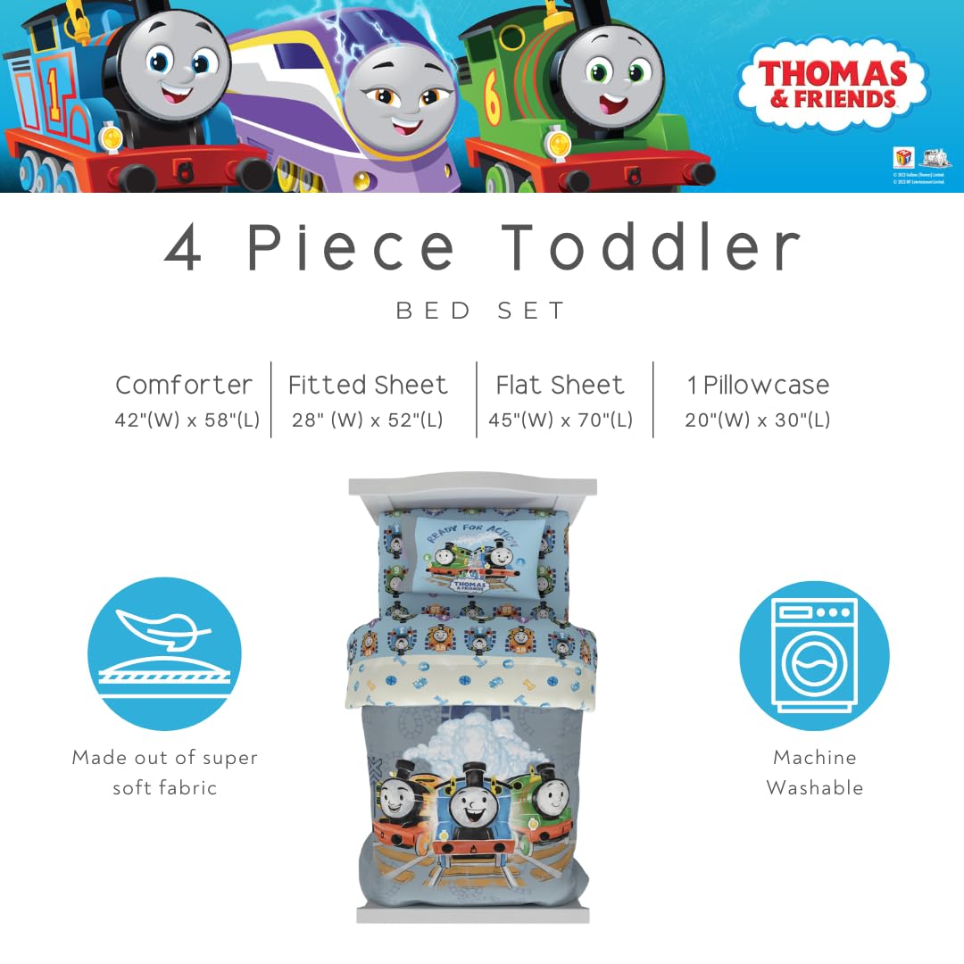 Thomas & Friends 4 Piece Toddler Bed Set – Super Soft & Cozy Reversible Microfiber Comforter and Sheets (Officially Licensed Product) By Franco