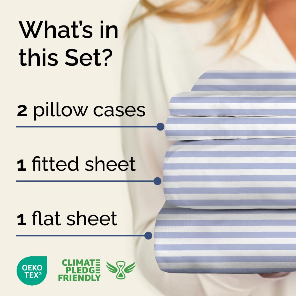 Sky Blue and White Striped Sheets - 1 Flat & 1 Fitted Sheet & 2 Pillowcases w/ Deep Pockets - Comfy, Wrinkle & Fade Resistant - Soft, Breathable & Cooling - Pinstripe Patterned Bedding - Full Size