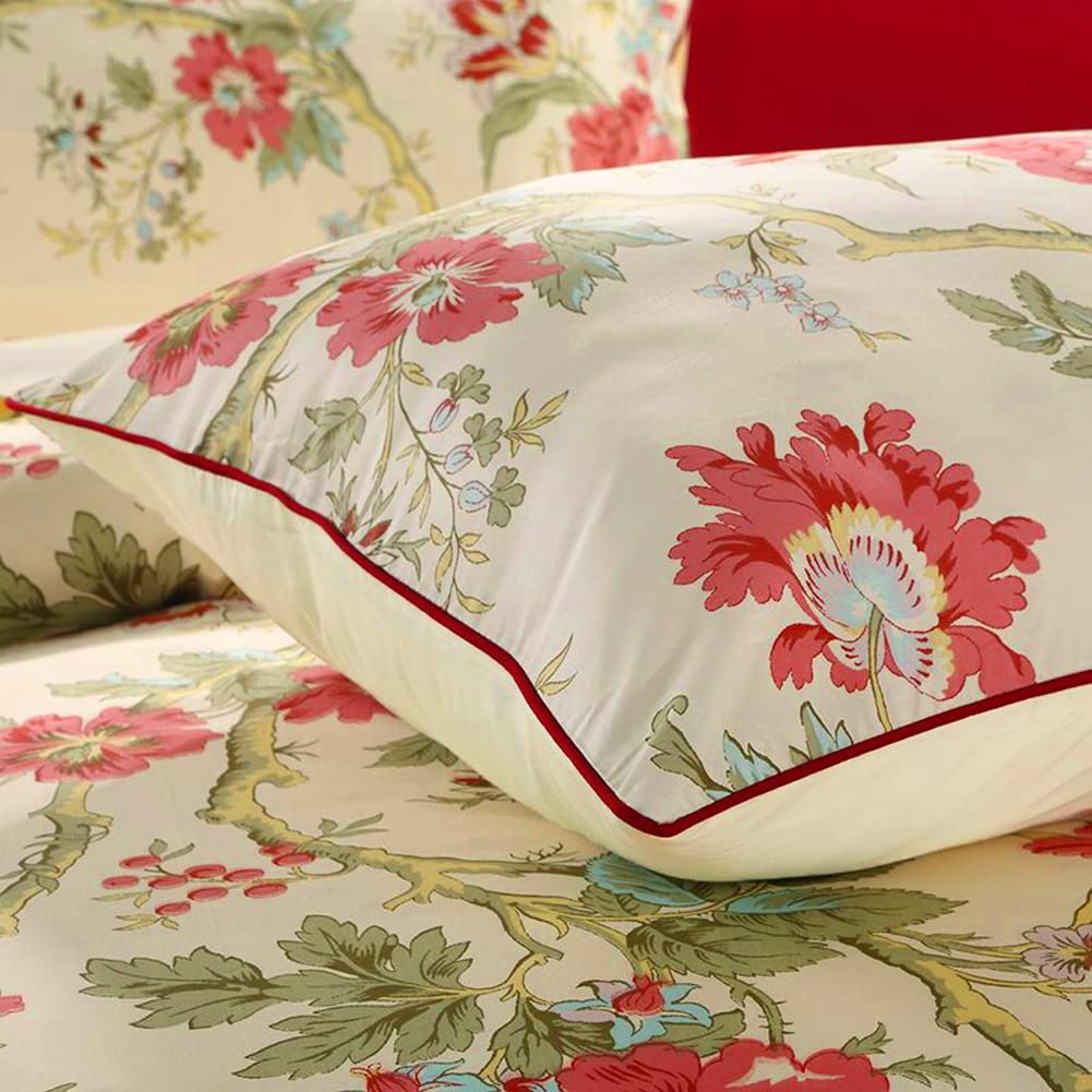 mixinni Garden Style 3 Pieces Red Flower Leaf Pattern Duvet Cover Set Queen Reversible Beige Comforter Cover Set for Women and Men, Easy Care, Soft, Durable-(3pcs, King Size)