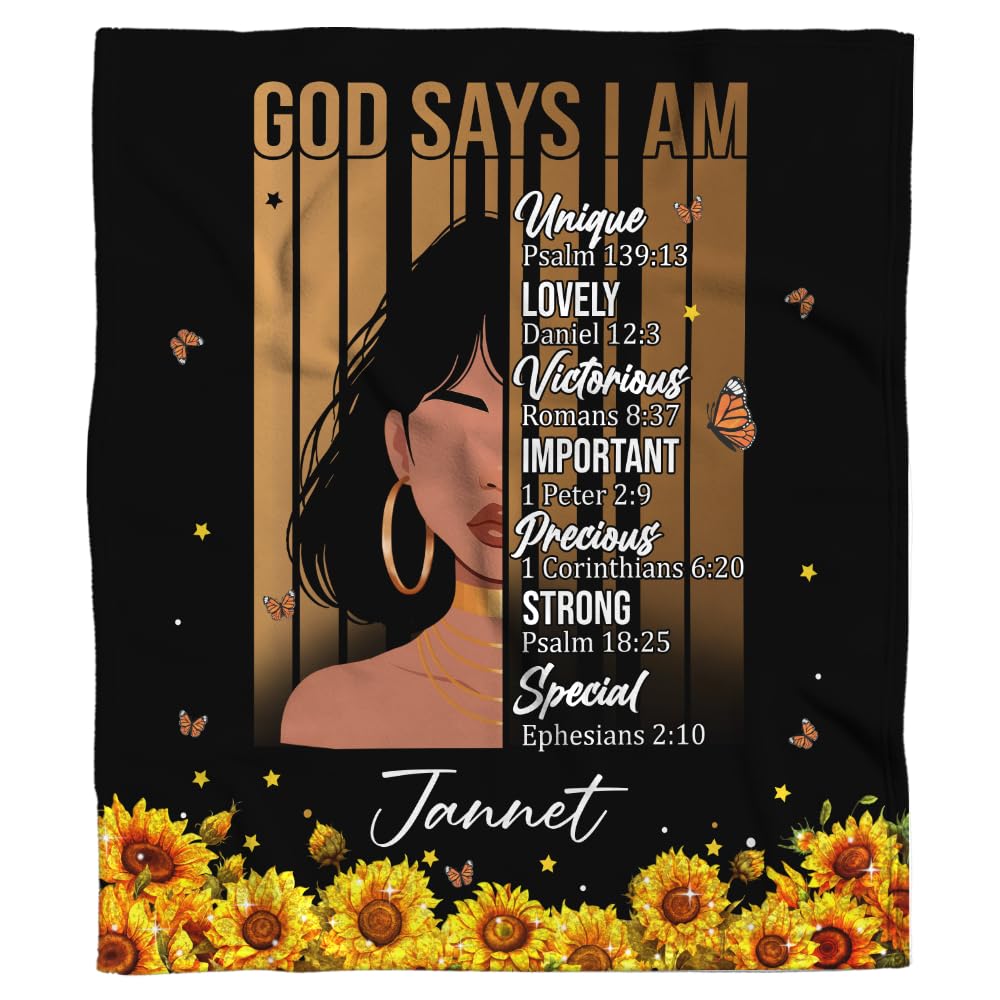 CAPOZEN Personalized God Says I AM Blanket – Custom Name African Inspirational Christian Throw Blankets Gifts for Queen Girl Black Women (Style #3)