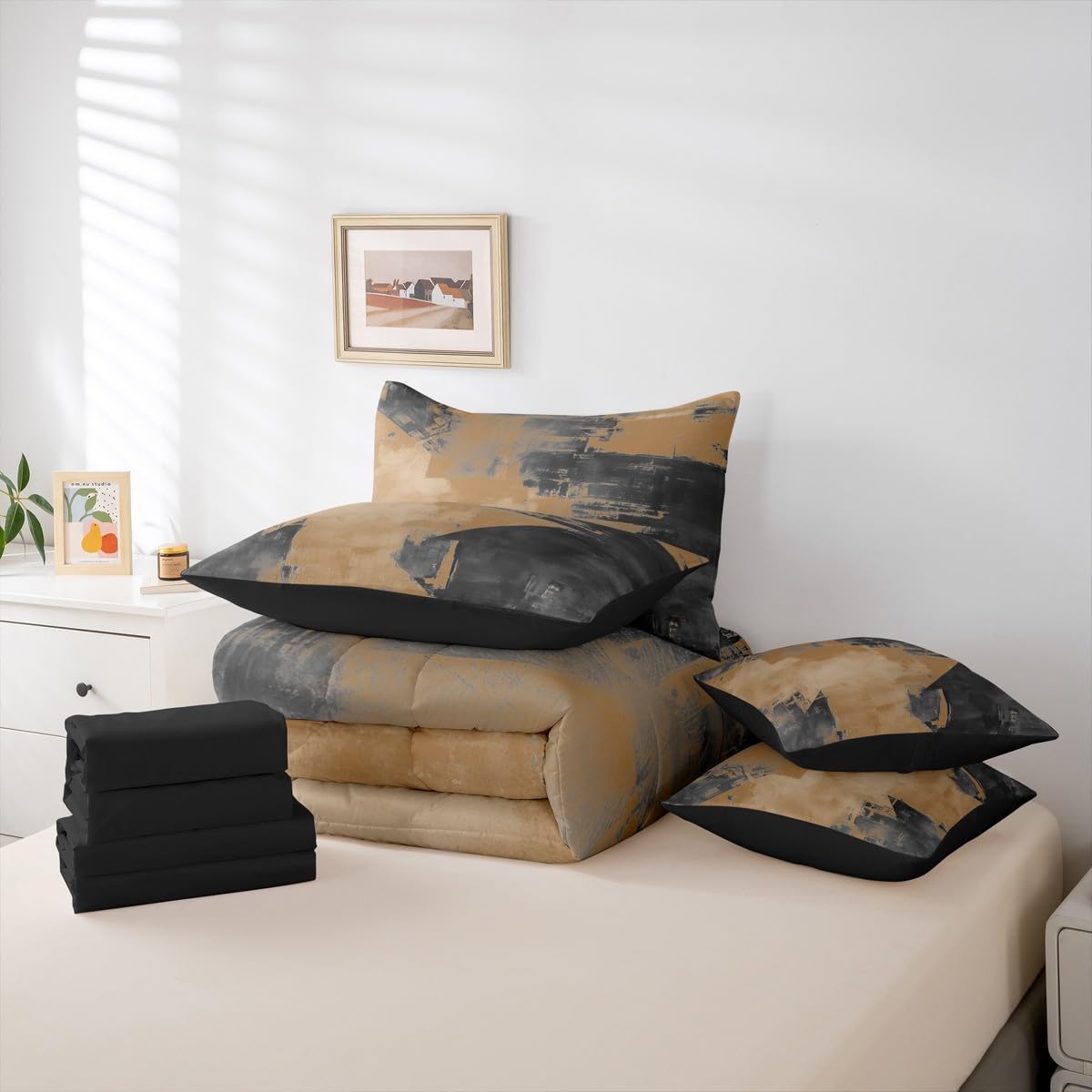 Feelyou Abstract Comforter Set With Sheets 7 Piece King Size Modern Abstract Art Bed in a Bag Kids Boys Girls Luxury Bedding Set Geometric Bedroom Decor Brownish Breathable Soft Lightweight Microfiber