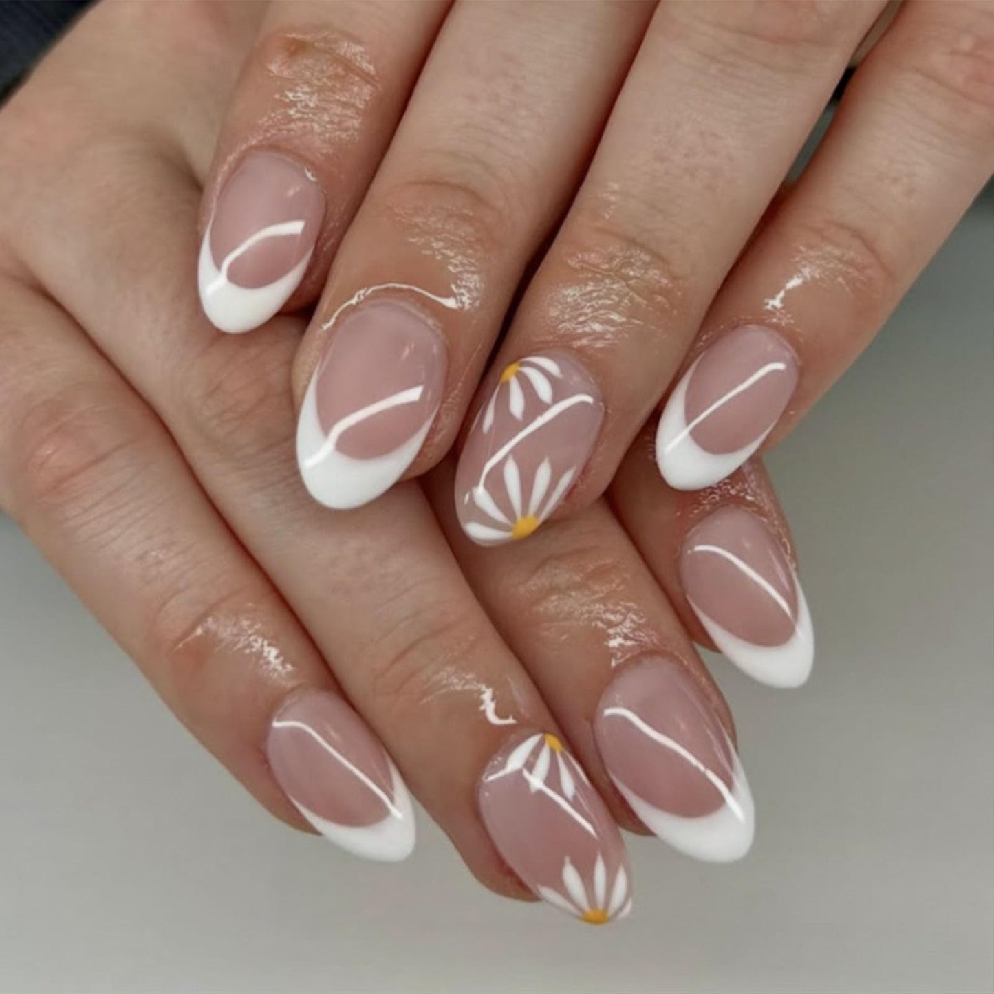 French Tip Press on Nails Short Almond Fake Nails White Stick on Nail with Simple Flower Design Glossy Glue on Nail Women Summer Manicure 24Pcs
