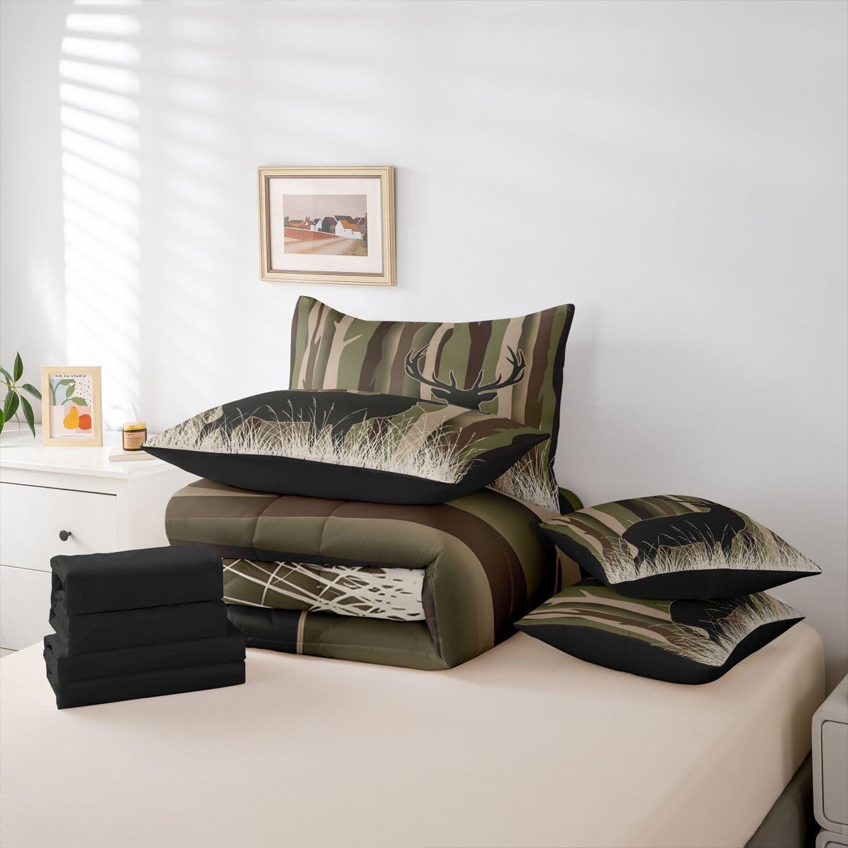 Feelyou Camouflage Deer Comforter Set Twin Size 7 Pieces Deer Hunting Bedding Set for Kids Boys Girls Camo Bed in a Bag with Comforter, Sheets, Pillowcases, Cushion Covers Wild Animal Bedroom Decor
