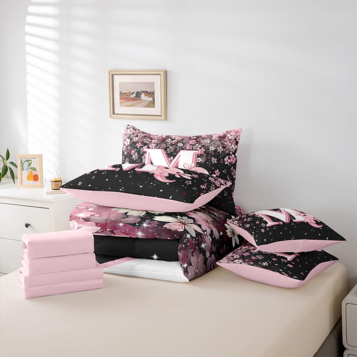Erosebridal Twin Size Pink Black Alphabet M Bed in A Bag with Cute Axolotl Design - Japanese Cherry Blossom 7 Pieces Bedding Set Cute Axolotl Comforter Set with Sheets Initial Letter Gift for Her