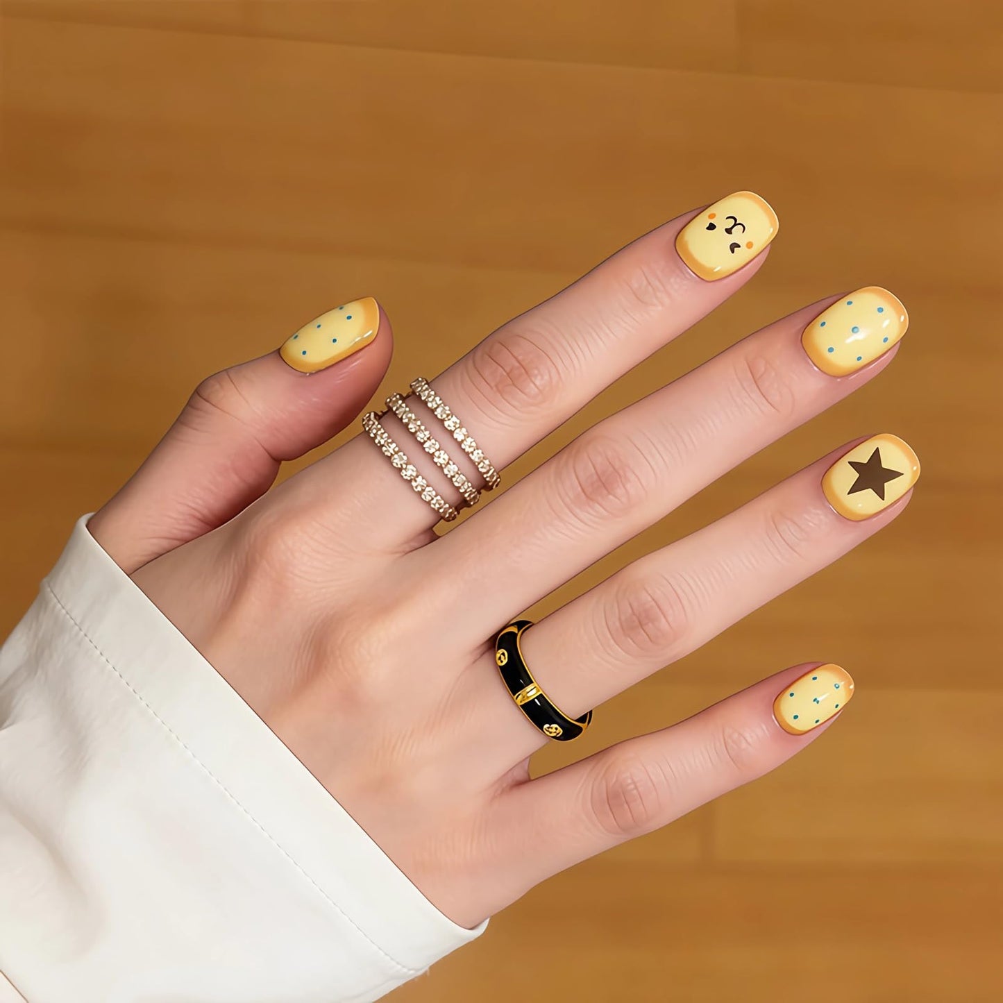 BABALAL Press On Nails, Short Square Fake Nails, Yellow with Star Polka Dot & Cute Anime Design, Glossy Kawaii Daily Wear Glue On Nails 24Pcs