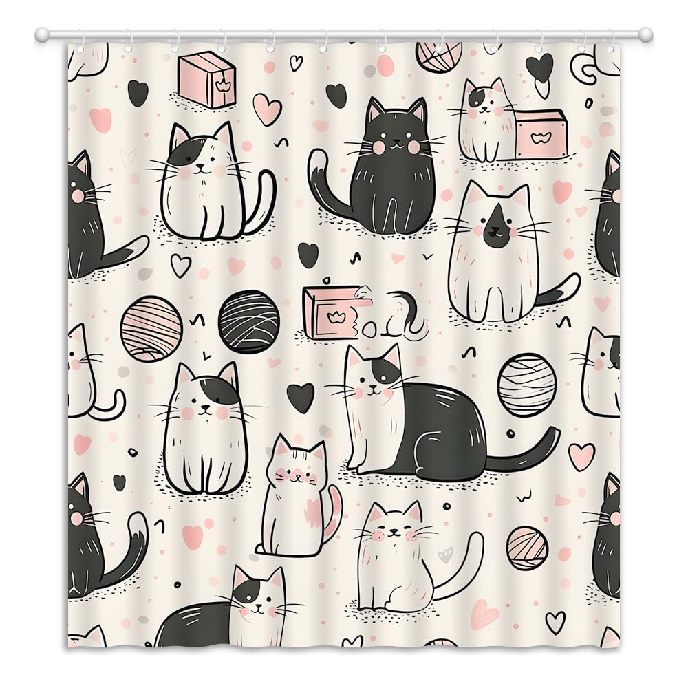 YOZSLGU Funny Abstract Cat Shower Curtain Cute Kitty Kitten Cartoon Fabric Bathroom Decor Curtains Set with Hooks, 70" Wx70 H