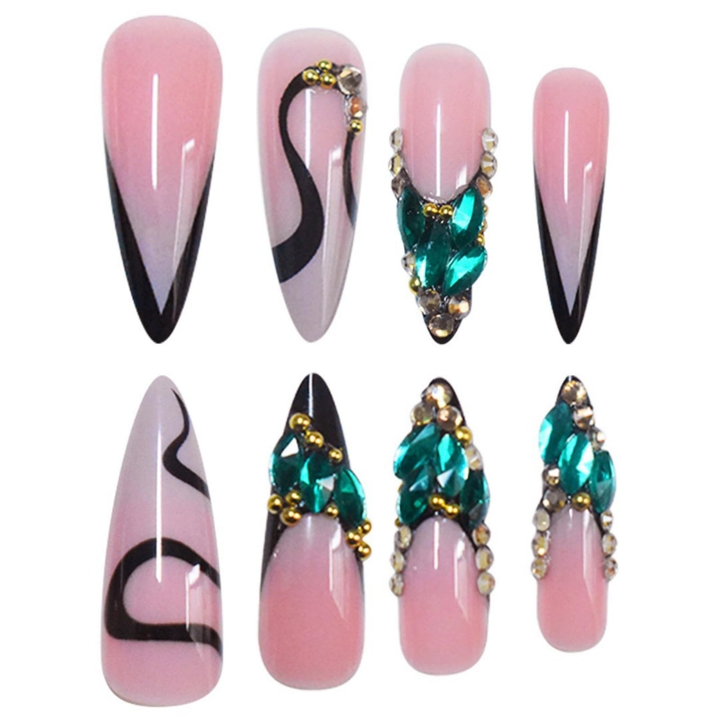Long Press on Nails Stiletto Fake Nails French False Nails Pink Artificial Nails with Green Rhinestones Designs Sparkly Acrylic Nails Press ons Cute Stick on Nails for Women 24pcs