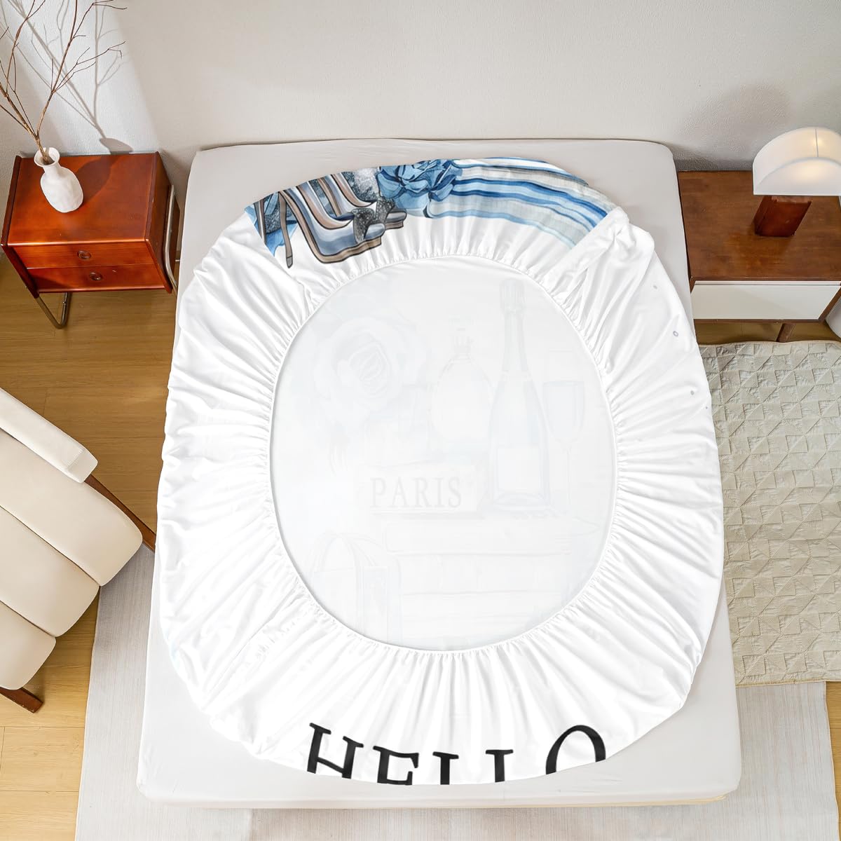 Erosebridal Girly Blue Bed Sheets King Size Silver Fashion Sheets Women Girls Teal Flower Perfume Sheet Set High Heels Champagne Magazine Books Floral Bedding Set Paris Romantic Decor