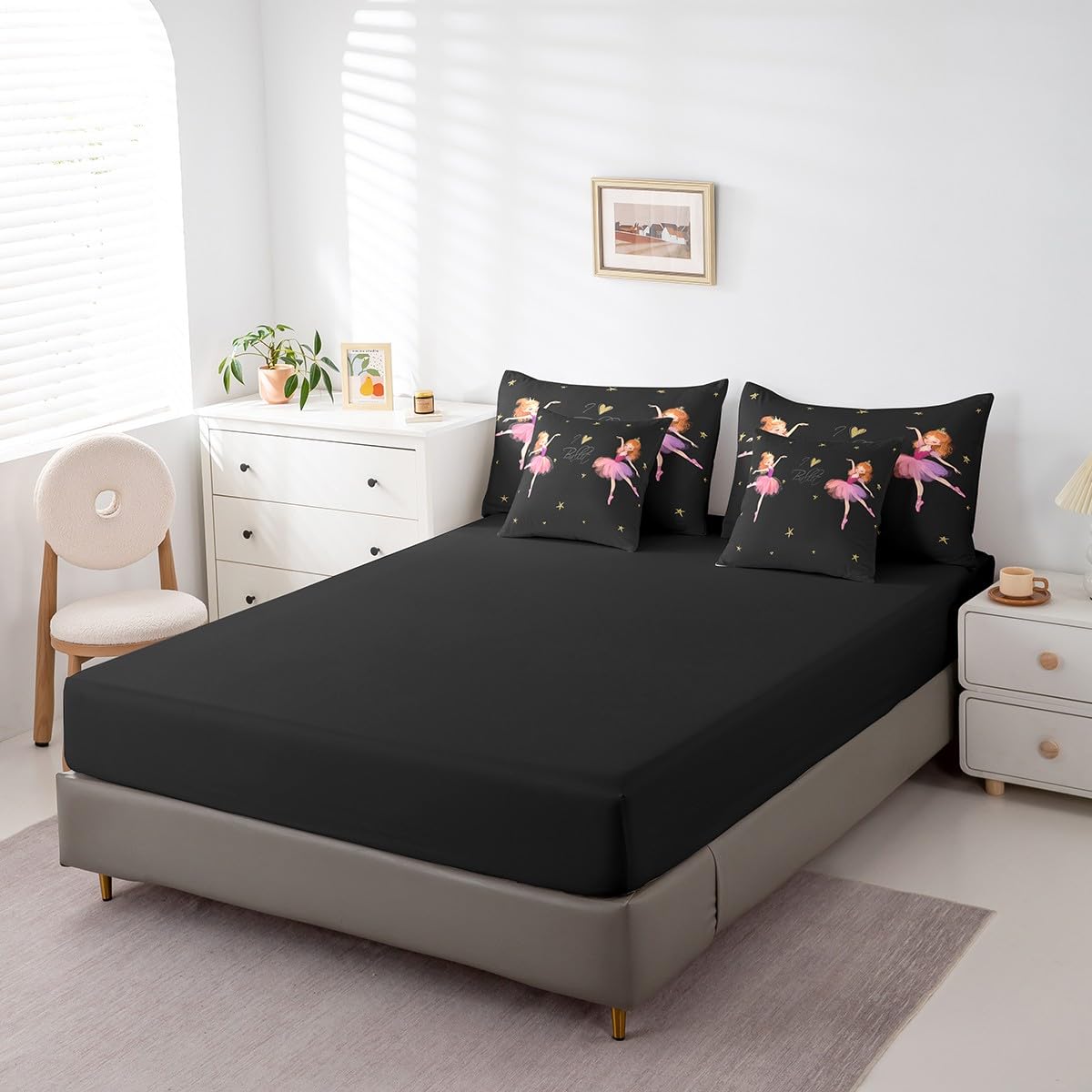 Erosebridal Ballet Comforter Set 7 Piece Bed in a Bag Twin,Cute Cartoon Ballet Dancer Bedding Sets Kawaii Ballerina Gifts Comforter and Sheet Set,Gold Stars Pink Ballet Dress Tutu Bed Set