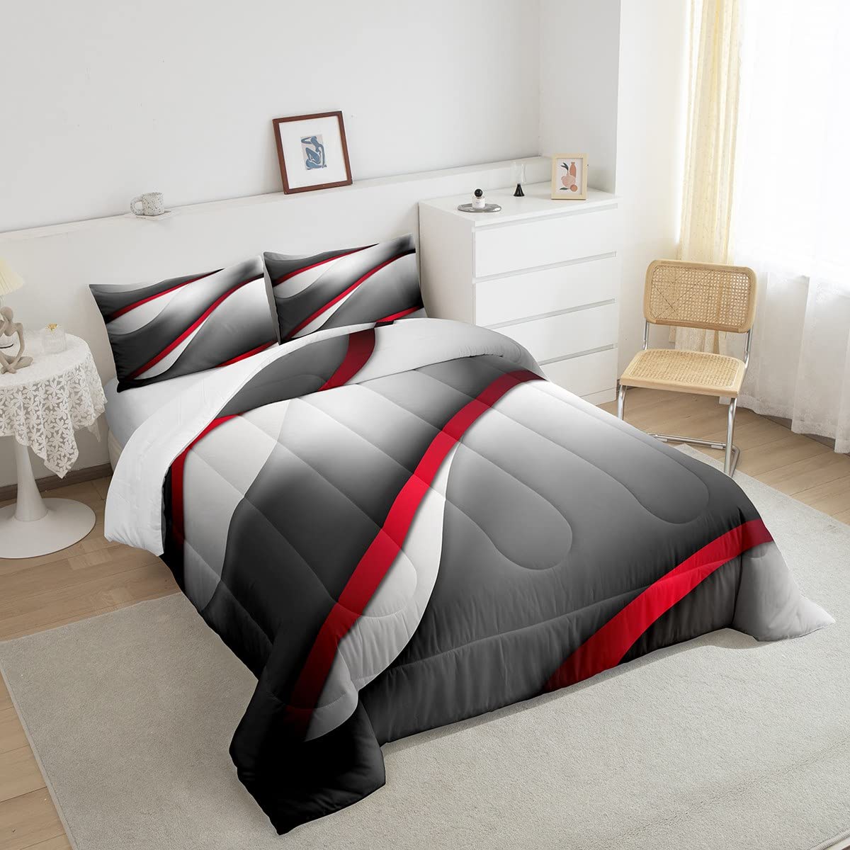 Castle Fairy Modern Gray Red Black Comforter Set Full Size Abstract Stripes Quilt Set 3pcs for Kids Youth Men Women Bedroom Decor 3D Stripes Bedding Set Gradient Simple Duvet Insert,2 Pillowcases