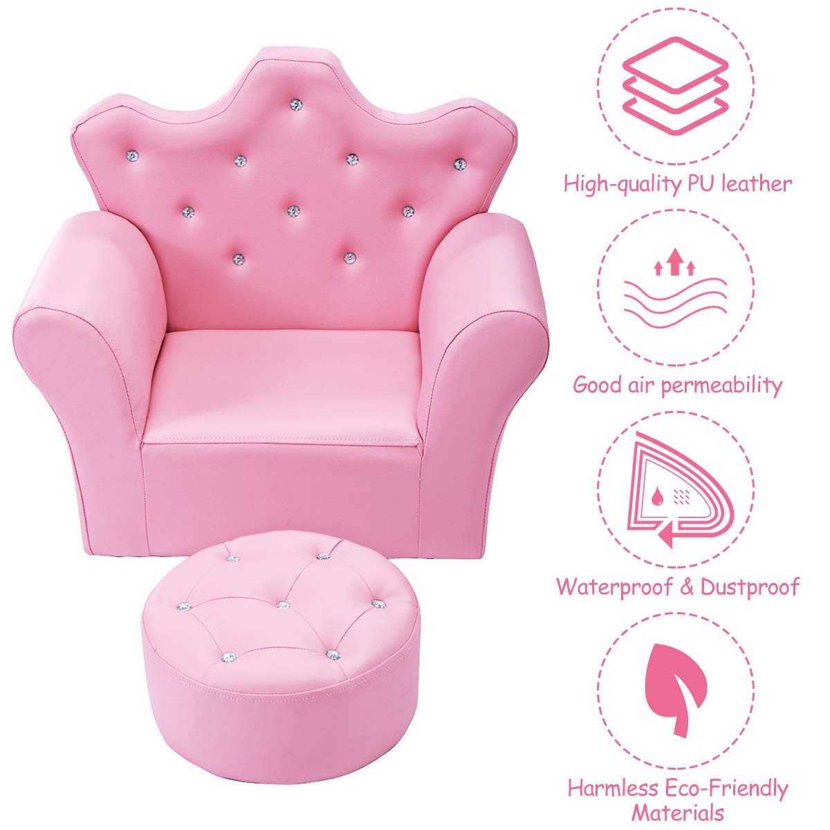Costzon Kids Sofa, Children Upholstered Sofa with Ottoman, Princess Sofa with Diamond Decoration, Ottoman, Smooth PVC Leather Toddler Chair, Kids Pink Couch for Preschool Boys and Girls Gift (Pink)