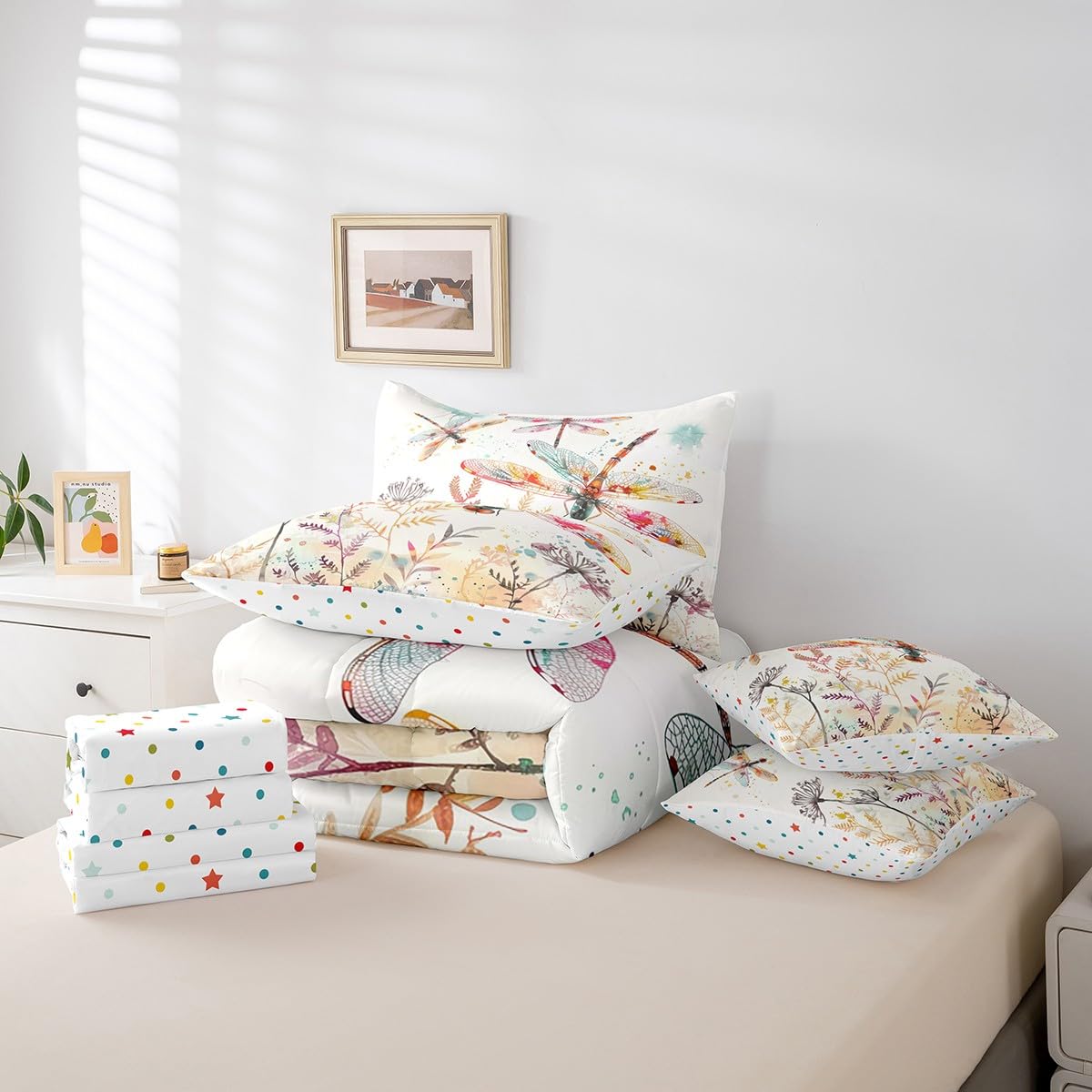 Erosebridal Dragonfly Comforter Set Queen,Wildflowers Floral Bedding Set 7Pcs for Kids Teens Adults,Tie Dye Watercolor Botanical Leaves Bed in a Bag,Aesthetic Wildlife Safari Animal Quilt