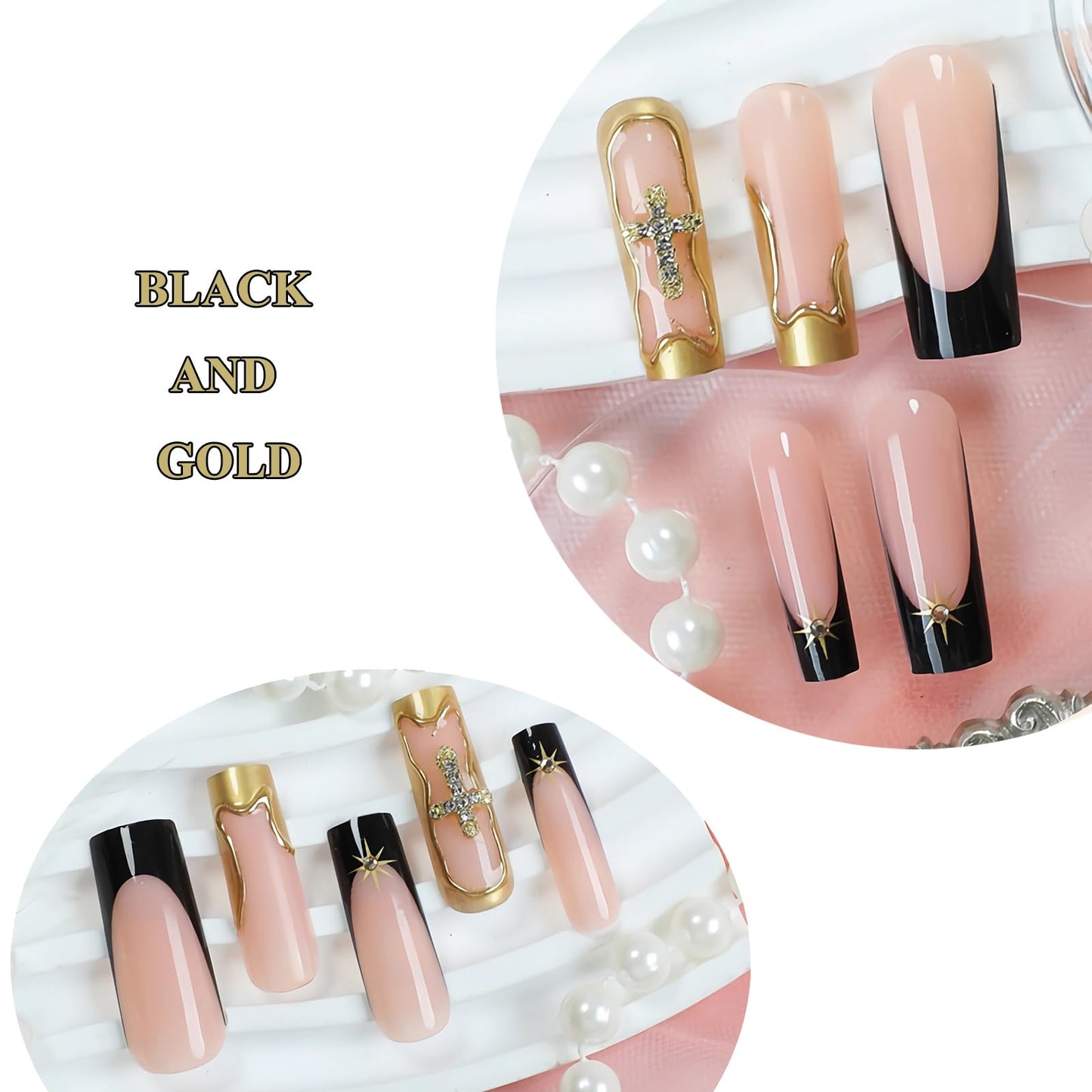 MERVF Press on Nails Long Square, Black Gold French Tip Fake Nails Glue ons with 3D Charms Acrylic Nail Star Design Glossy 24pcs