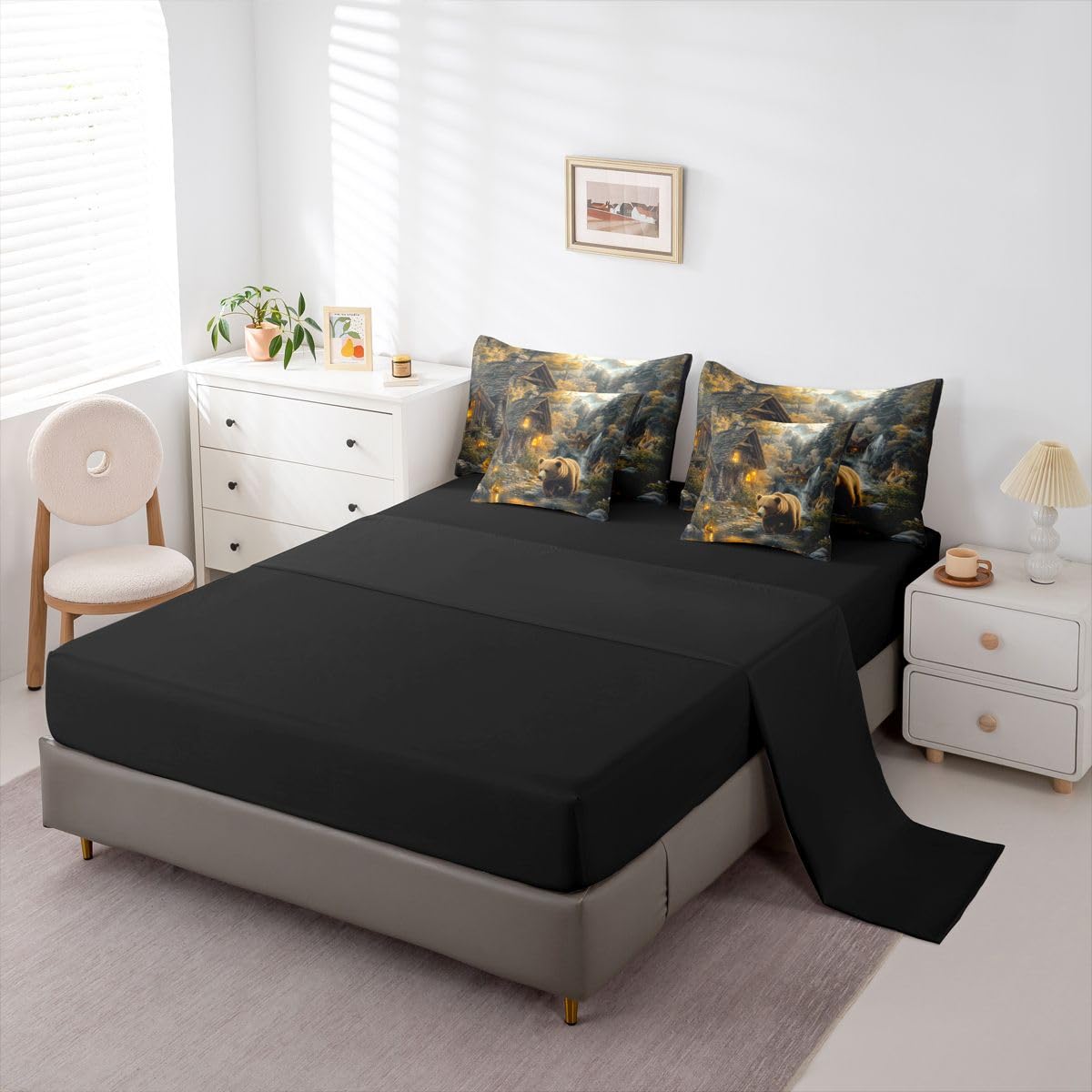 Erosebridal Cabin 7 Piece Bedding Set Queen Bear Comforter Set with Sheets Waterfall Snow Mountain River Woods Bed in a Bag Natural Theme Woodland Trees for Teens Men Women