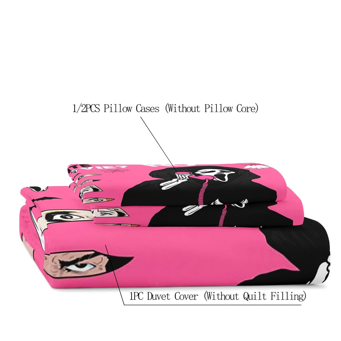 LUVIVIHOME 3PCS Funny Ghost Duvet Cover Queen Bedding Set, Hot Pink Duvet Cover, Gothic Spooky Scary Horror Scream Knife Bat Pumpkin Cobweb Halloween Comforter Quilt Cover, Bed in a Bag 2 Pillow Cases