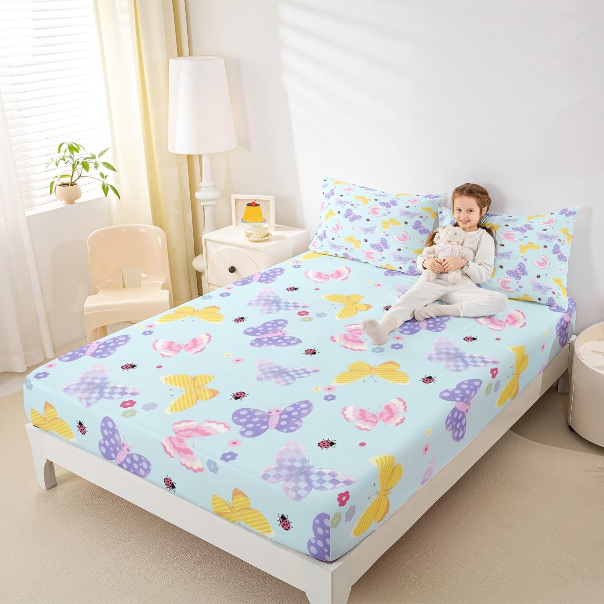 Feelyou Yellow Butterfly Fitted Sheet Twin Size for Kids Boys Girls Pink Butterflies Print Bed Sheets Set 16" Deep Pocket Cute Flowers Bedding with 1 Pillowcase Ladybug Room Decor