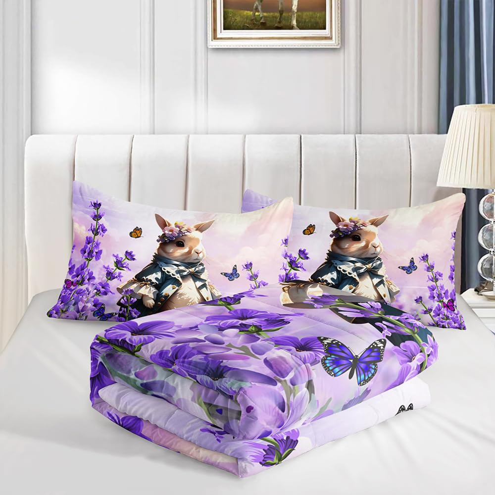 XYNHML Lavender Rabbit Comforter Twin Kids Rabbit Bedding Set Cute Bunny Quilt Bed Set Bedroom Decor Includes 1 Comforter, 2 Pillowcases for Girls Boys Teens
