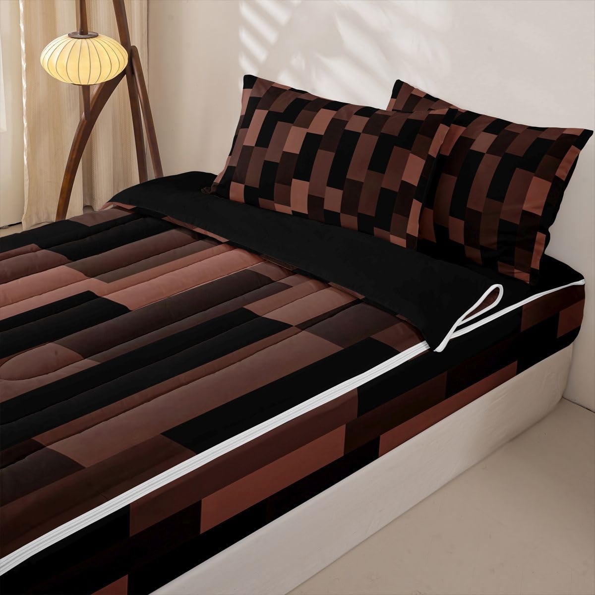 jejeloiu Black Brown Zipper Bedding Full Abstract Geometric Bedding Sets for Kids Boys Girls Modern Art Comforter Set with Fitted Sheet 2 Pillowcases One Zipper Bed Set for All Seasons