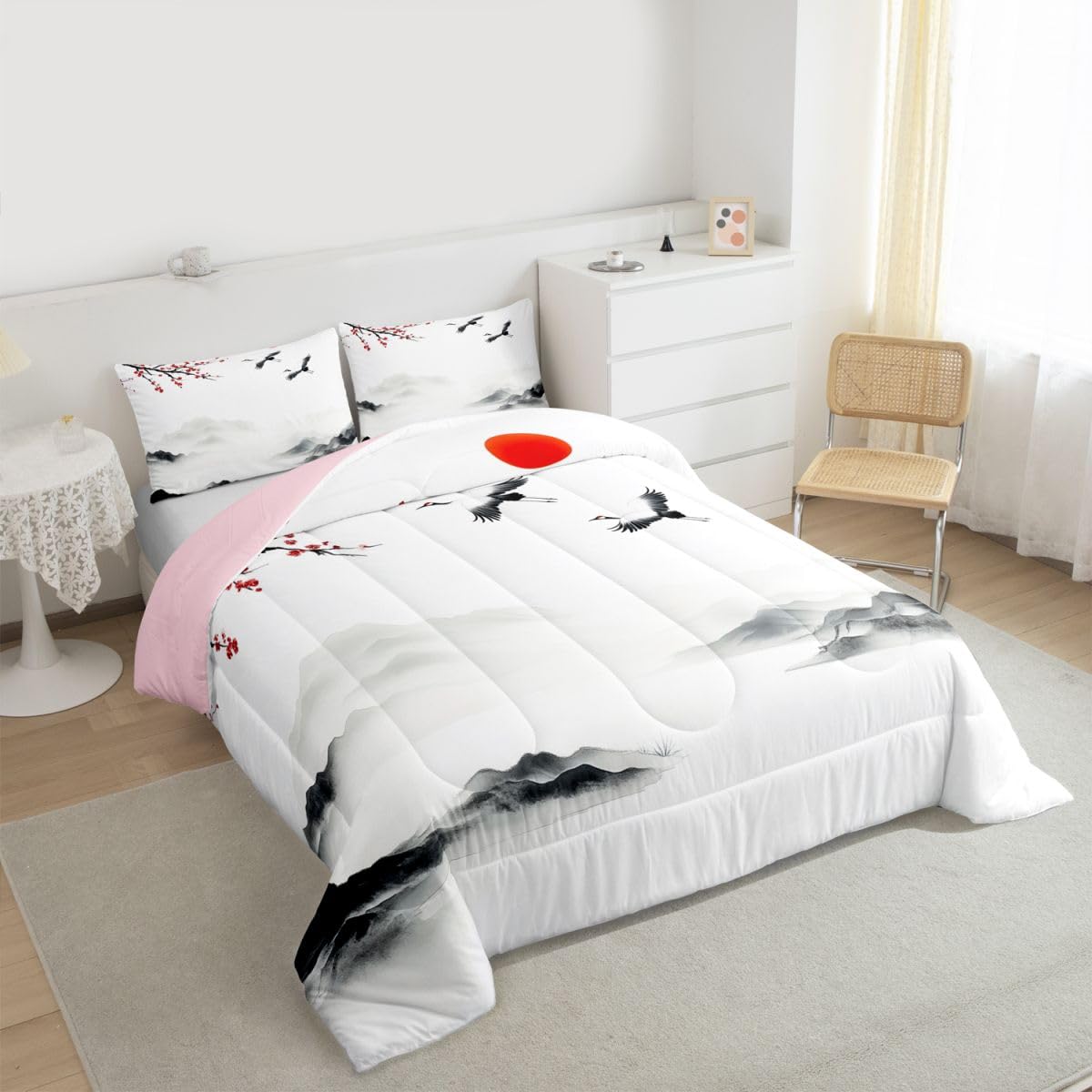 jejeloiu Chinese Ink Painting Kids Comforter Set Queen Size Japanese Style Bedding Set Cherry Blossom Duvet Quilt for Kids Boys Girls Bedroom Mountain Red Sun Decor Microfiber Ultra Soft Breathable