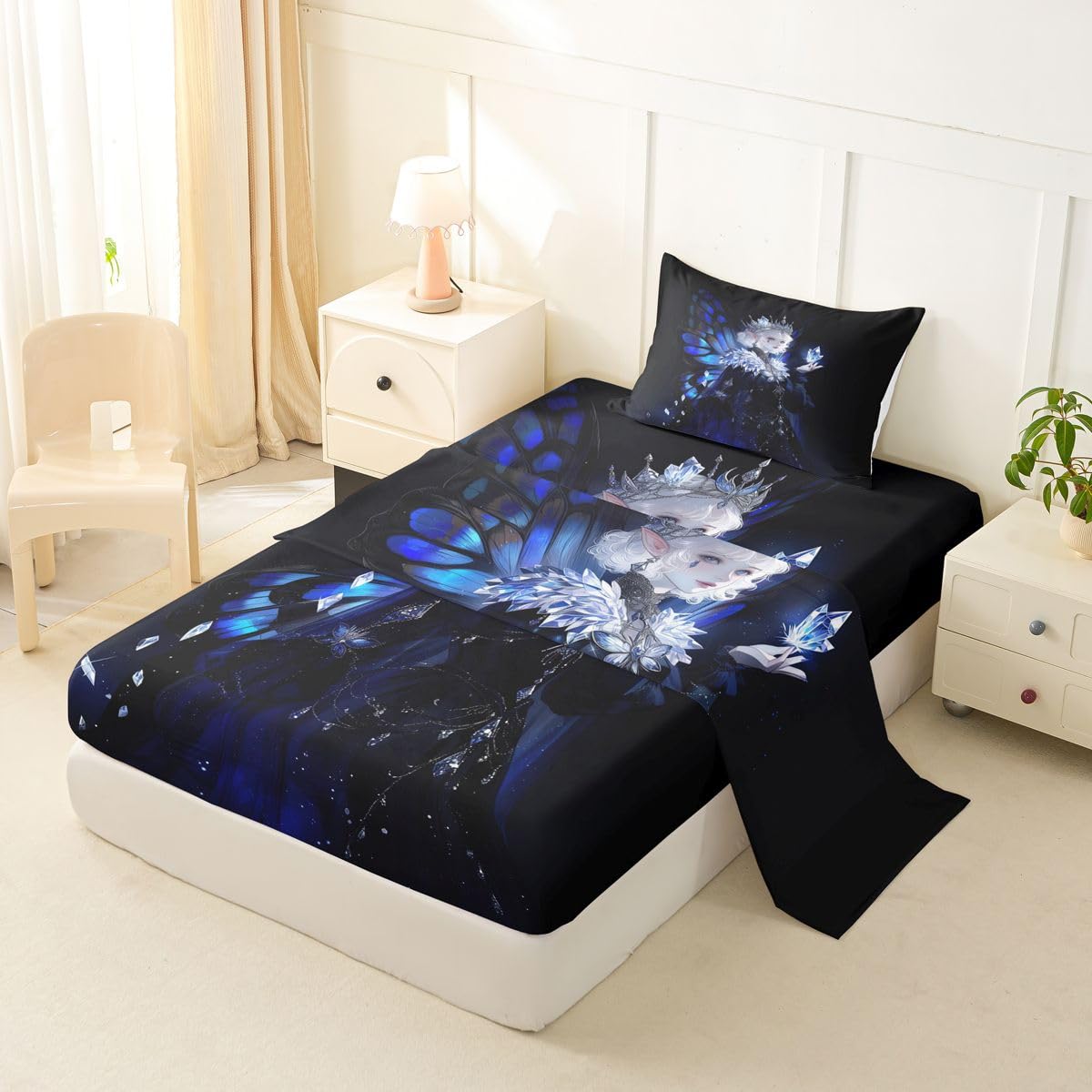 Erosebridal Gothic Girls Bed Sheets Set A Girl Wearing A Crown Sheets Twin,Butterfly Diamond Feather Print Sheet Set for Boys Girls Coquette Princess Bedding Sets Bedroom Decor 3 Pieces