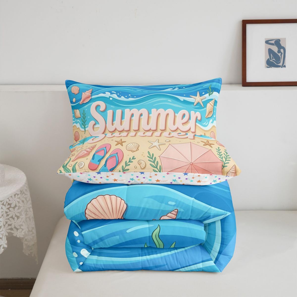 Castle Fairy Queen Size Summer Coastal Starfish Shell Conch Comforter Set with 2 Pillowcases-Blue Flip Flops Bedding for Kids Girls Room Decor,Tropical Hawaiian Beach 3 Pieces All Season Duvet Insert