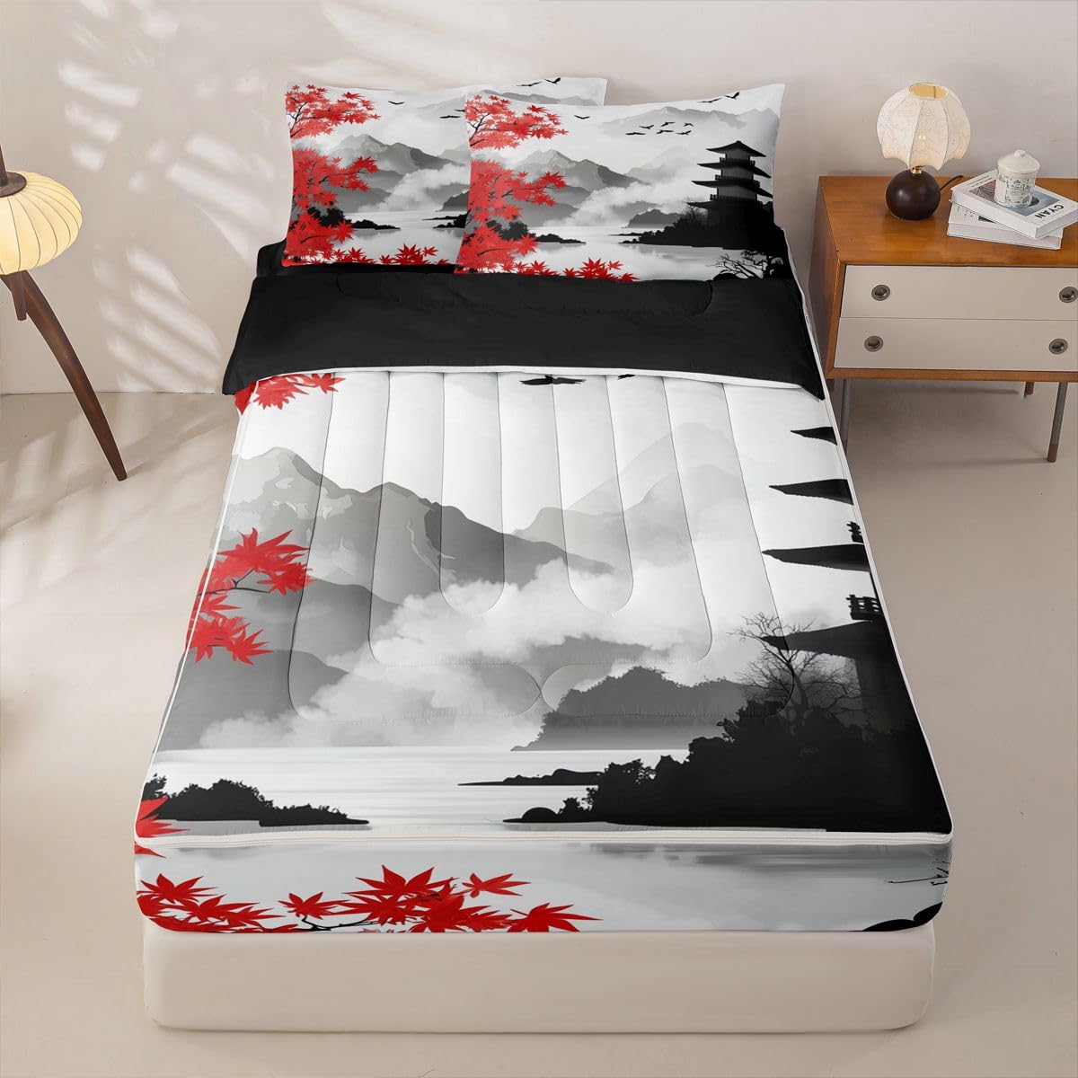 Erosebridal Japanese Ink Painting Kids Comforter Set with Zipper, Traditional Japanese Twin Size Zipper Bedding Set, Red Maple Trees Bed-in-A-Bag